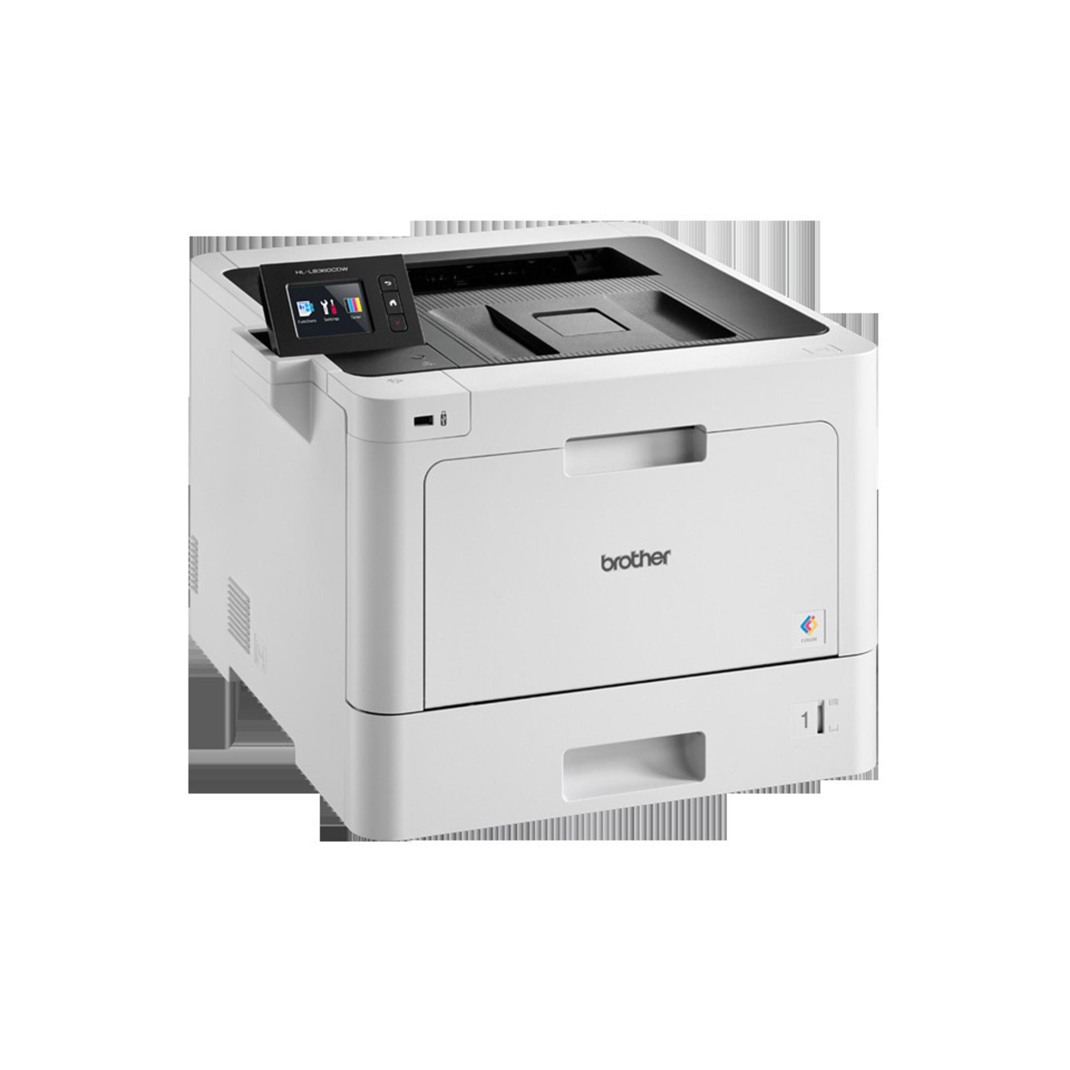 Ein weißer Brother-Drucker. Er hat einen Touchscreen, ein Papierfach und eine schwarze Oberseite. Der Drucker ist neu.
