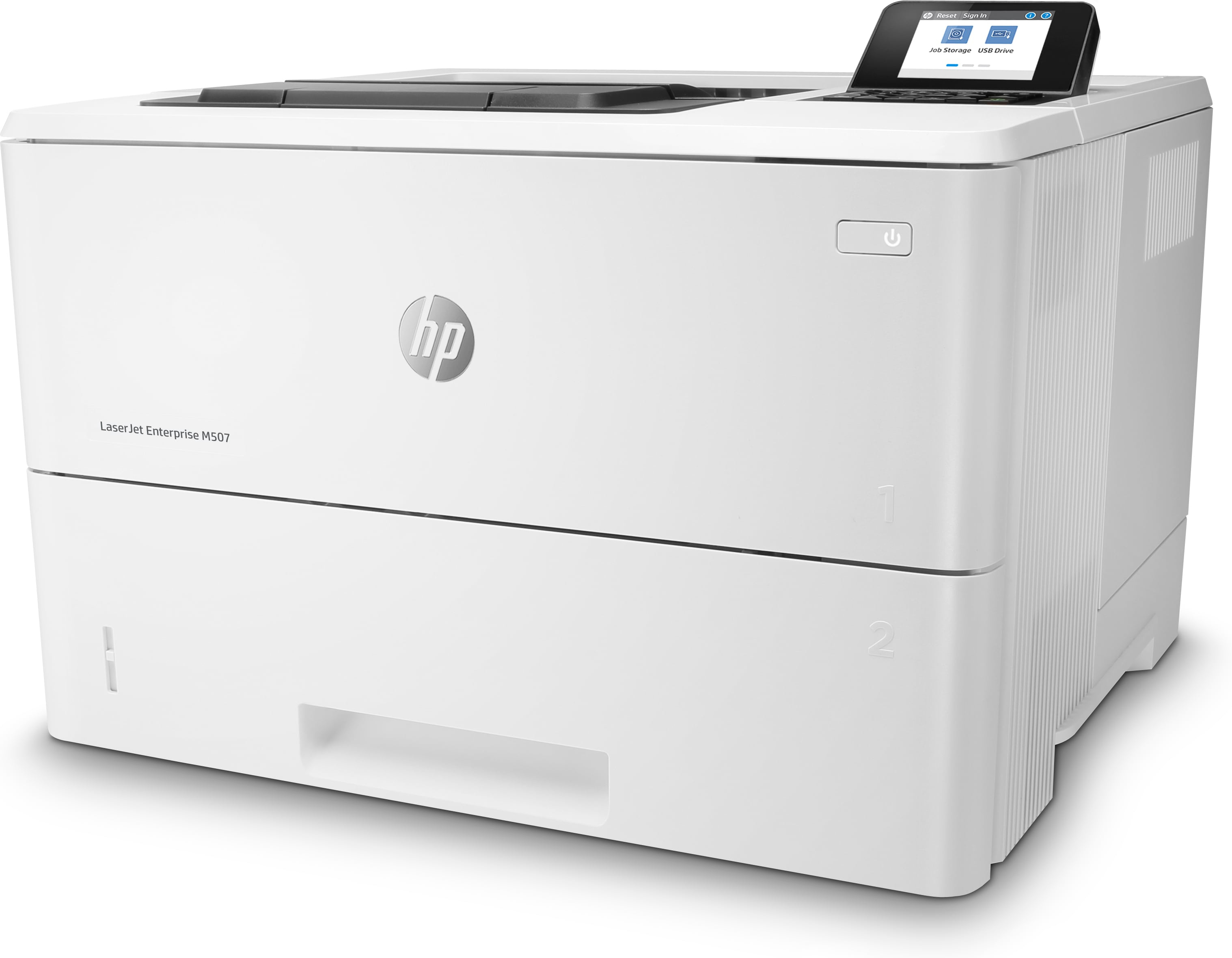 Weißer HP LaserJet Enterprise M507 Drucker, Ein-/Aus-Taste sichtbar, Bildschirm oben rechts und HP-Logo vorne.