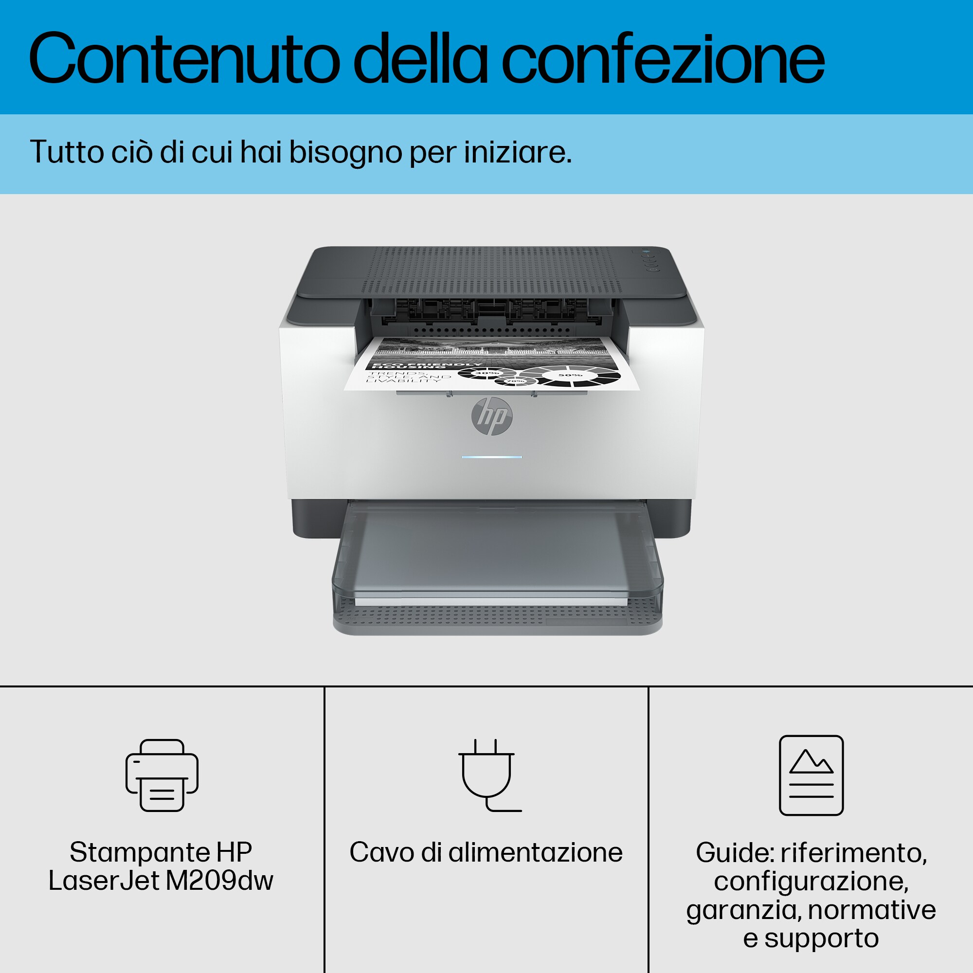 Una stampante HP e accessori, con uscita carta e cavo di alimentazione.