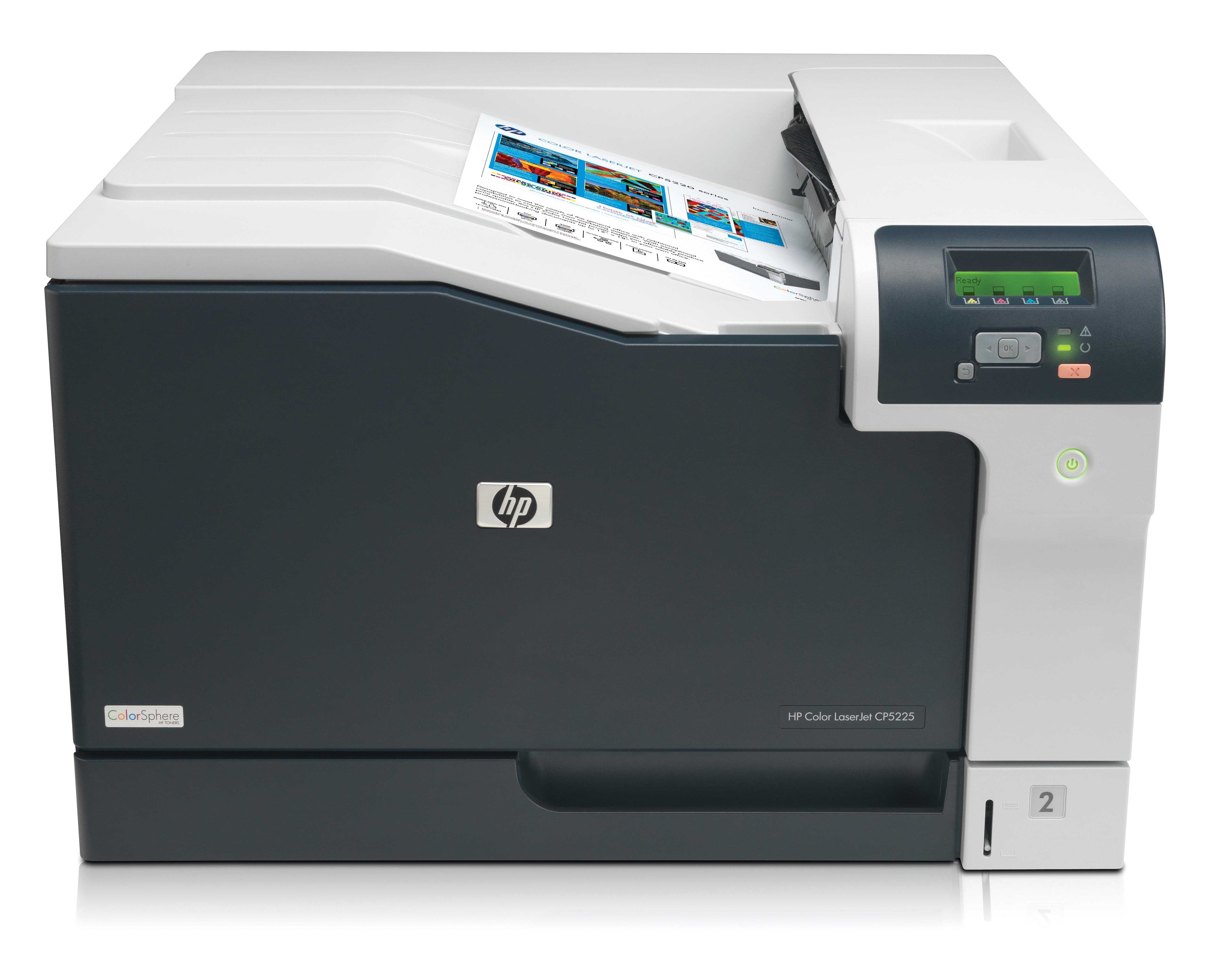 Impresora HP blanco y negro. Papel con texto saliendo. Logotipo HP al frente.