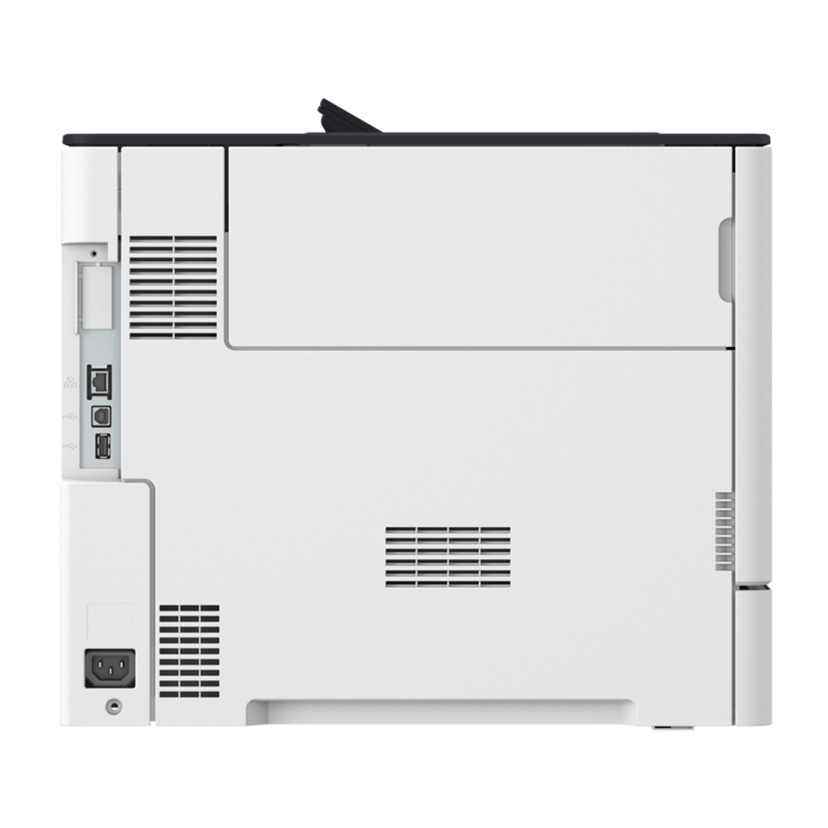 Widok z tyłu drukarki, pokazujący porty, otwory wentylacyjne i wejście zasilania.