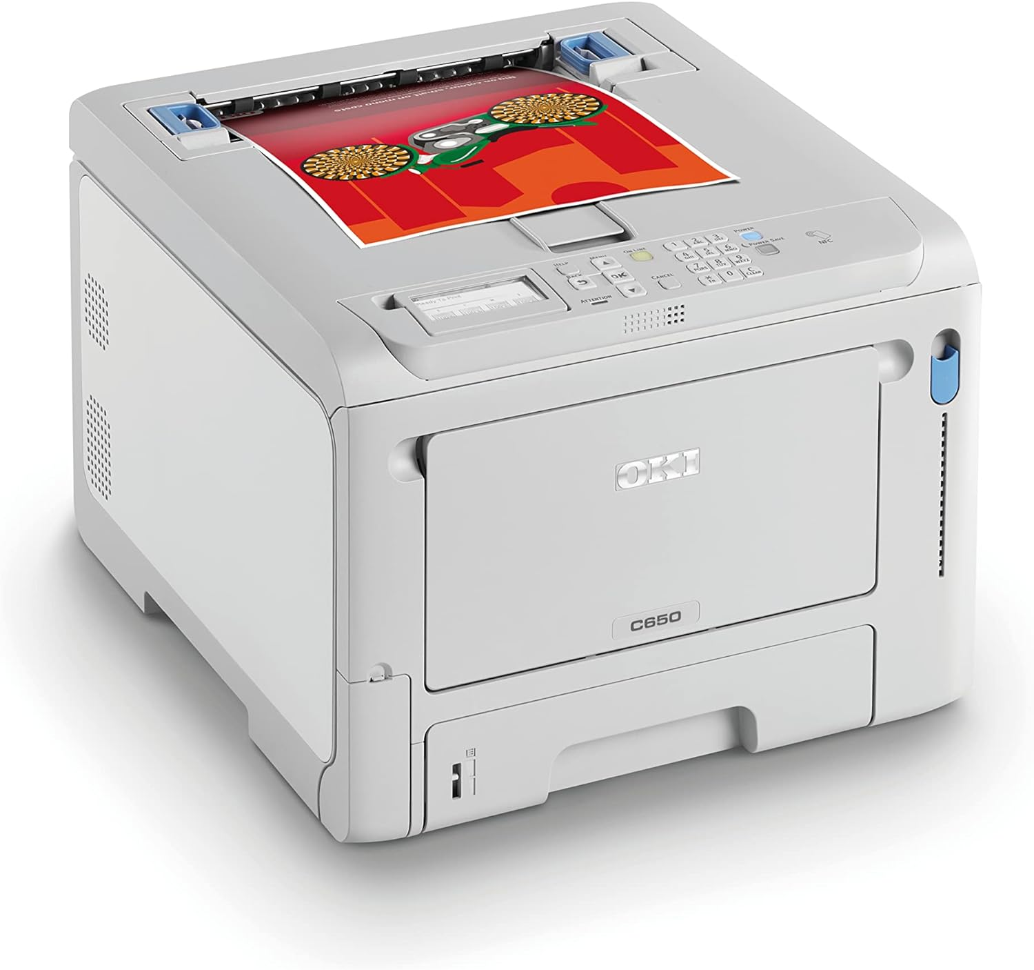 Biało-szara drukarka z wydrukowaną stroną. Logo OKI z przodu.