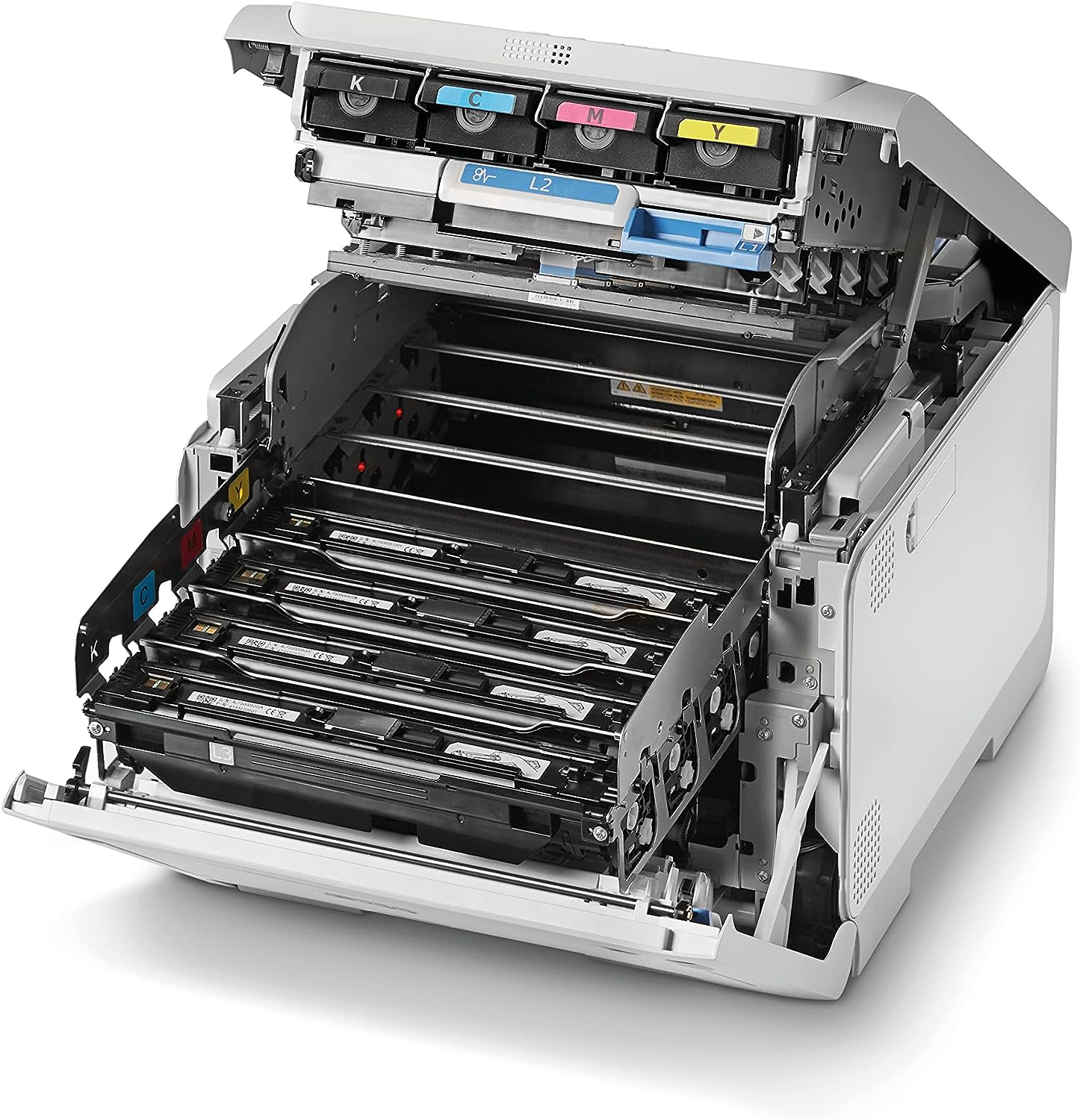 Drukarka z otwartą pokrywą, pokazująca elementy wewnętrzne, jak wkłady i tace na papier.