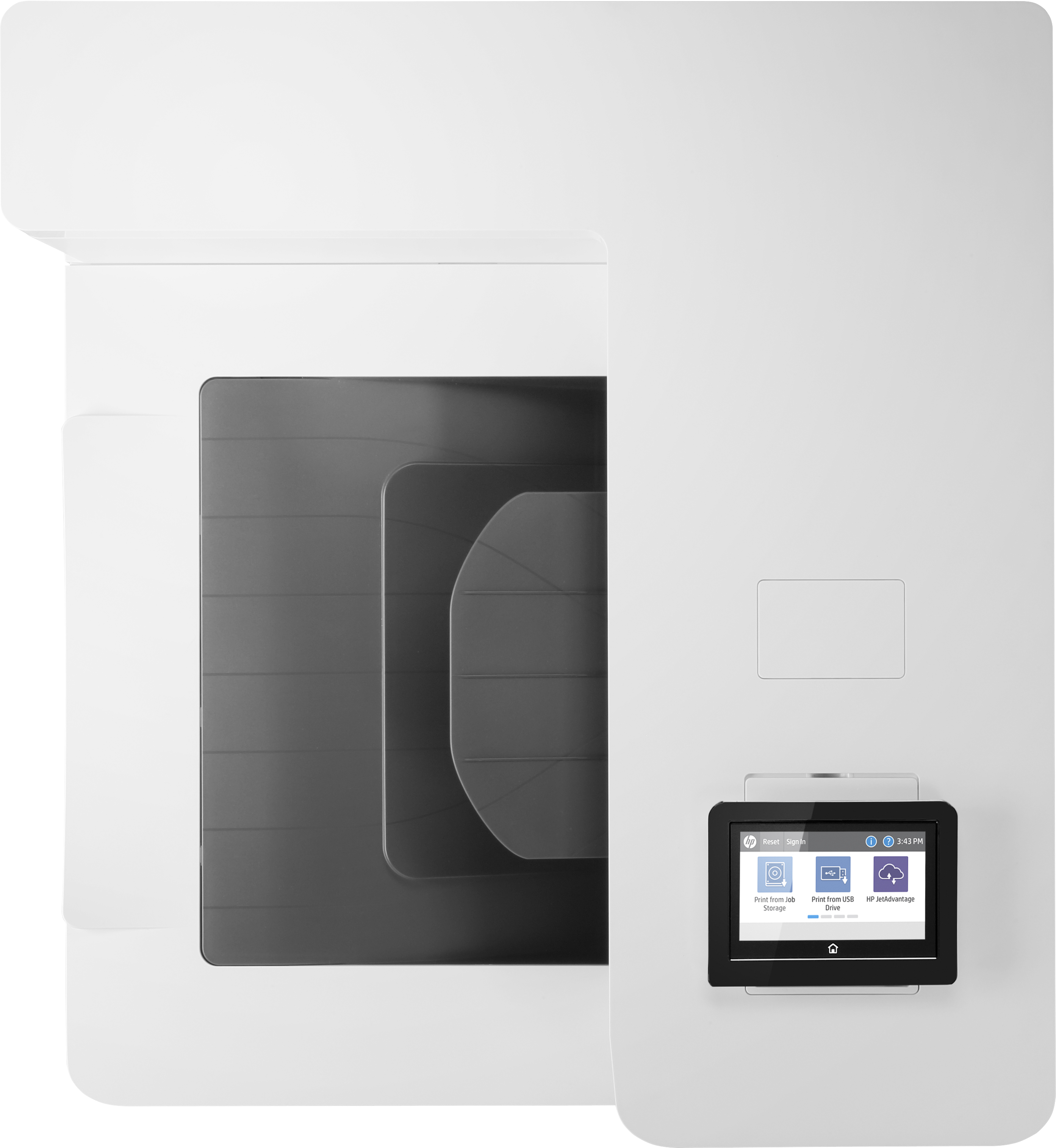 Pokazano drukarkę HP z czarnym ekranem wyświetlającym ikony. Drukarka jest biała.