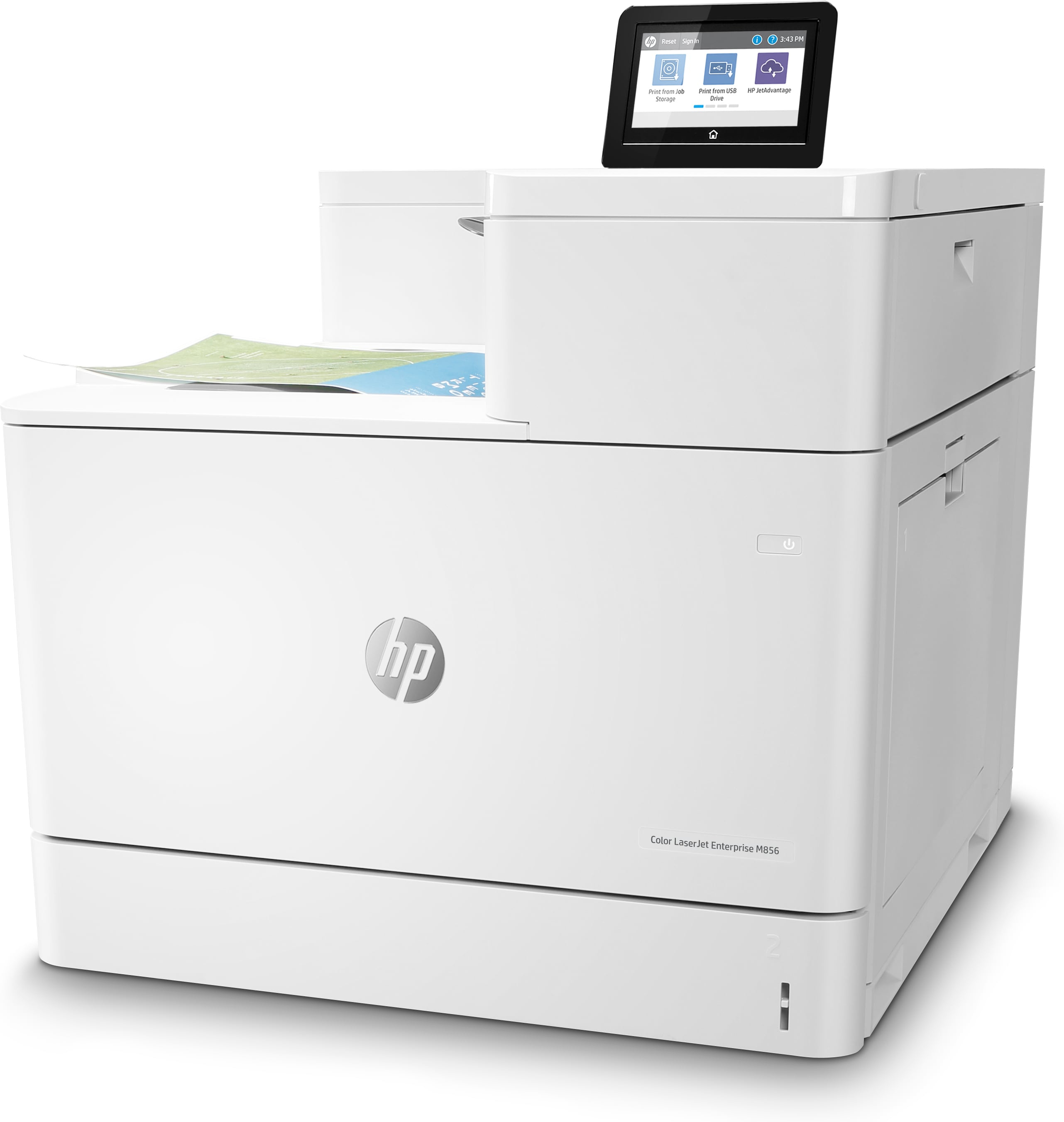 Biała drukarka HP Color LaserJet Enterprise M856 z wyjściem papieru u góry.