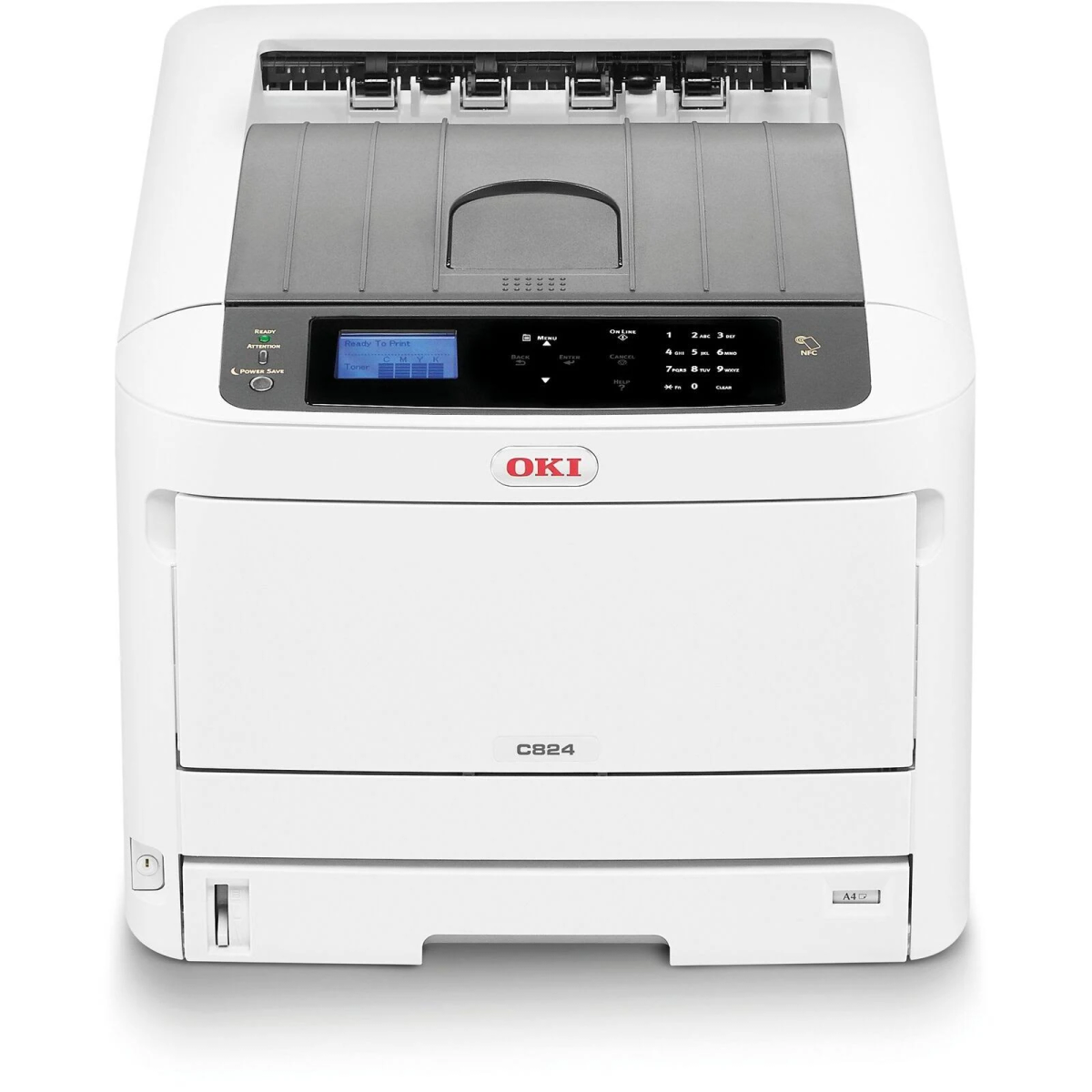 Biała drukarka OKI z wyświetlaczem i przyciskami. Ma podajnik papieru i logo marki. Tło jest białe.