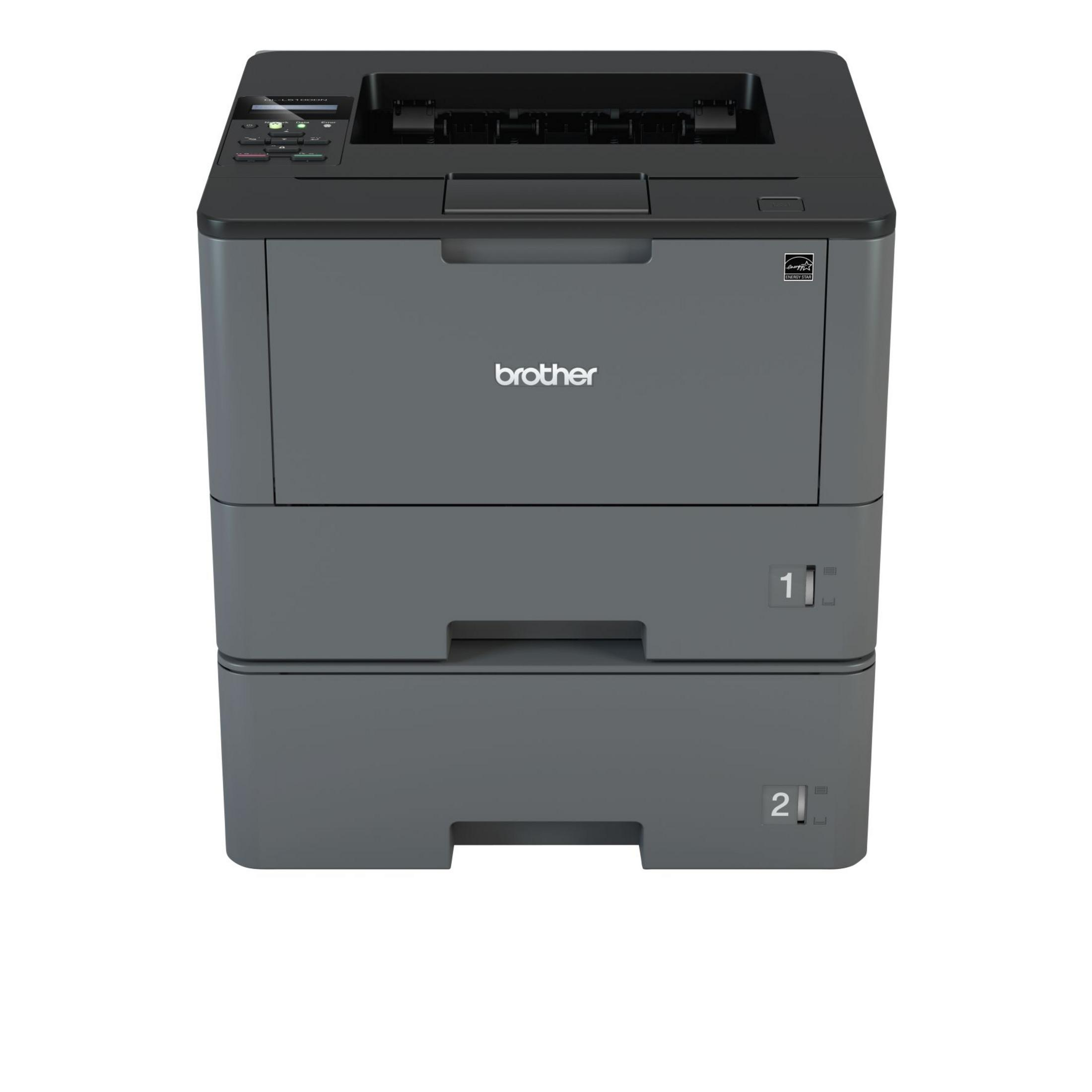 Szara drukarka Brother, ułożona z dwoma tacami na papier z oznaczeniami '1' i '2'. Widoczne logo Brother.