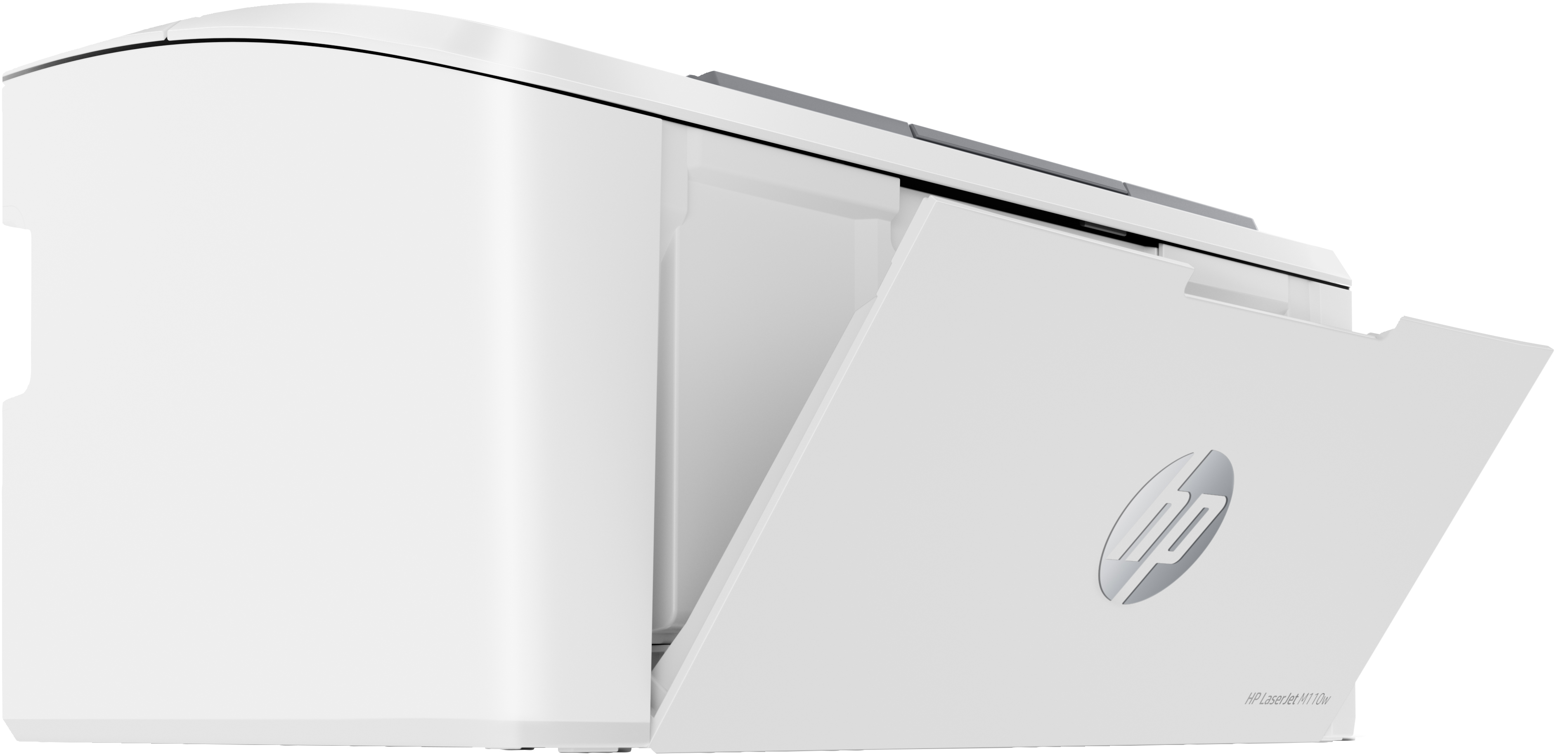 Stampante HP bianca con vassoio della carta parzialmente aperto, che mostra il logo HP. Vista laterale.
