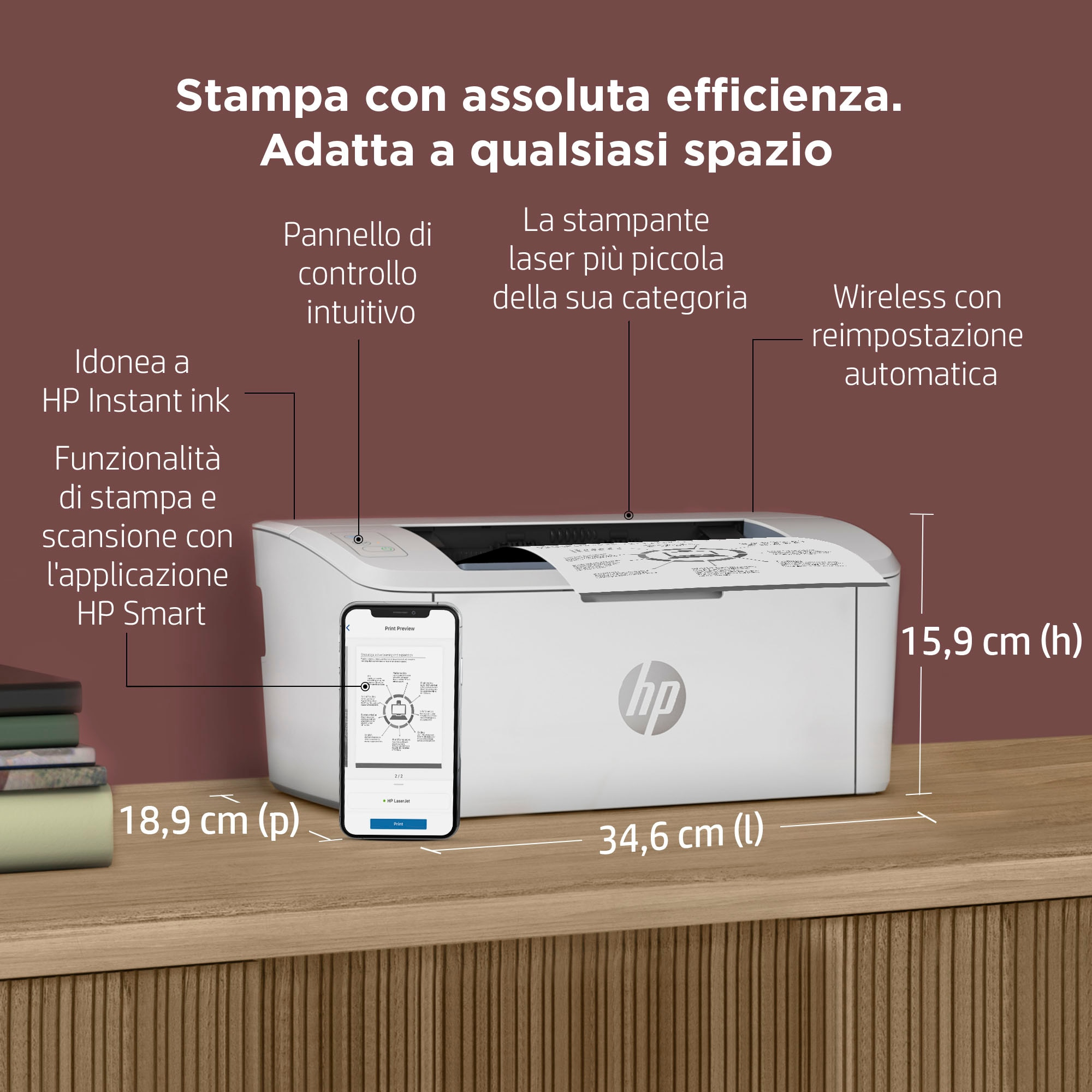 Stampante accanto a uno smartphone, con testo che ne descrive le funzioni.