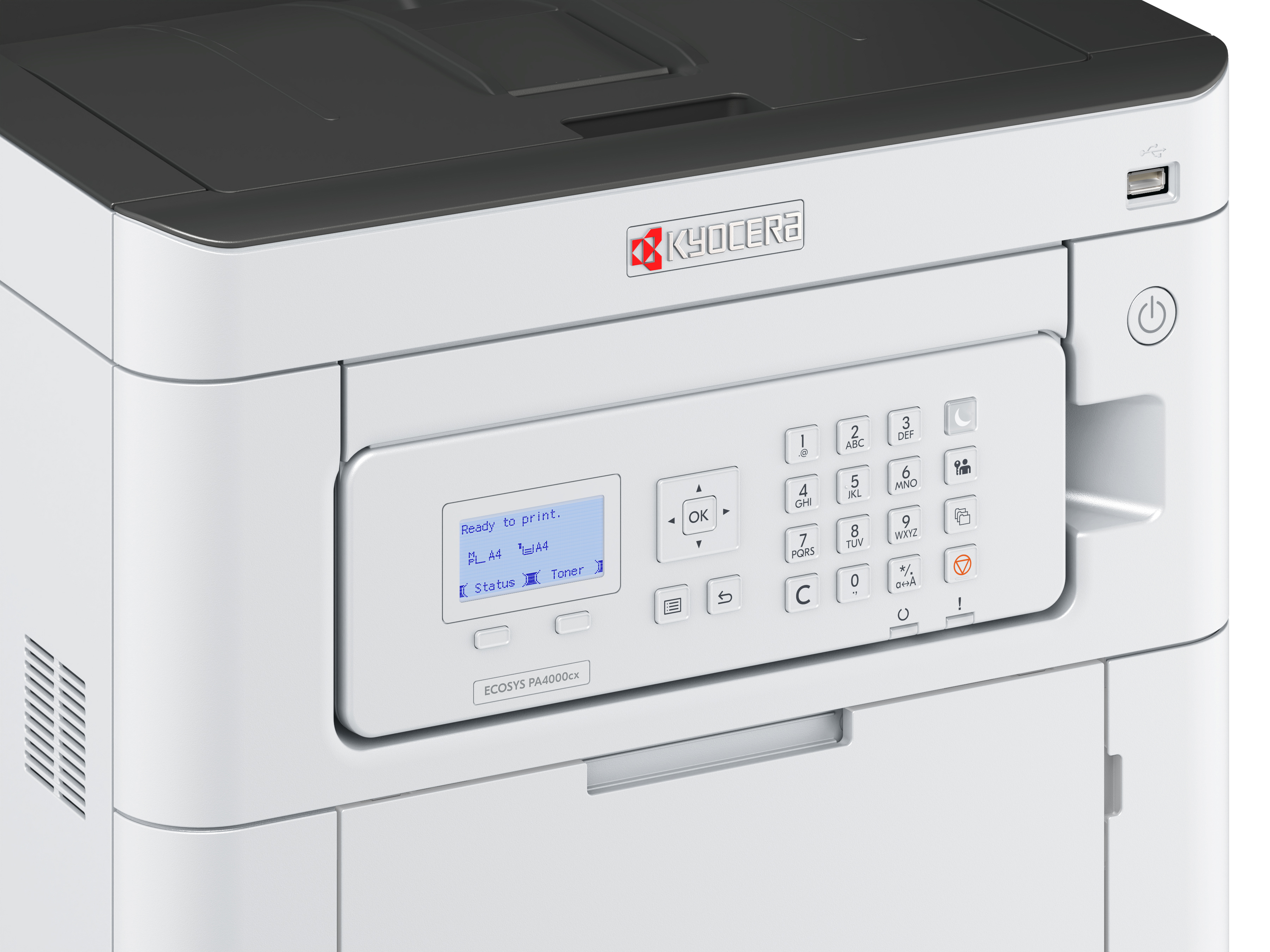 Stampante Kyocera bianca con display digitale e pulsanti di controllo. Lo schermo dice: 'Pronto per la stampa'.