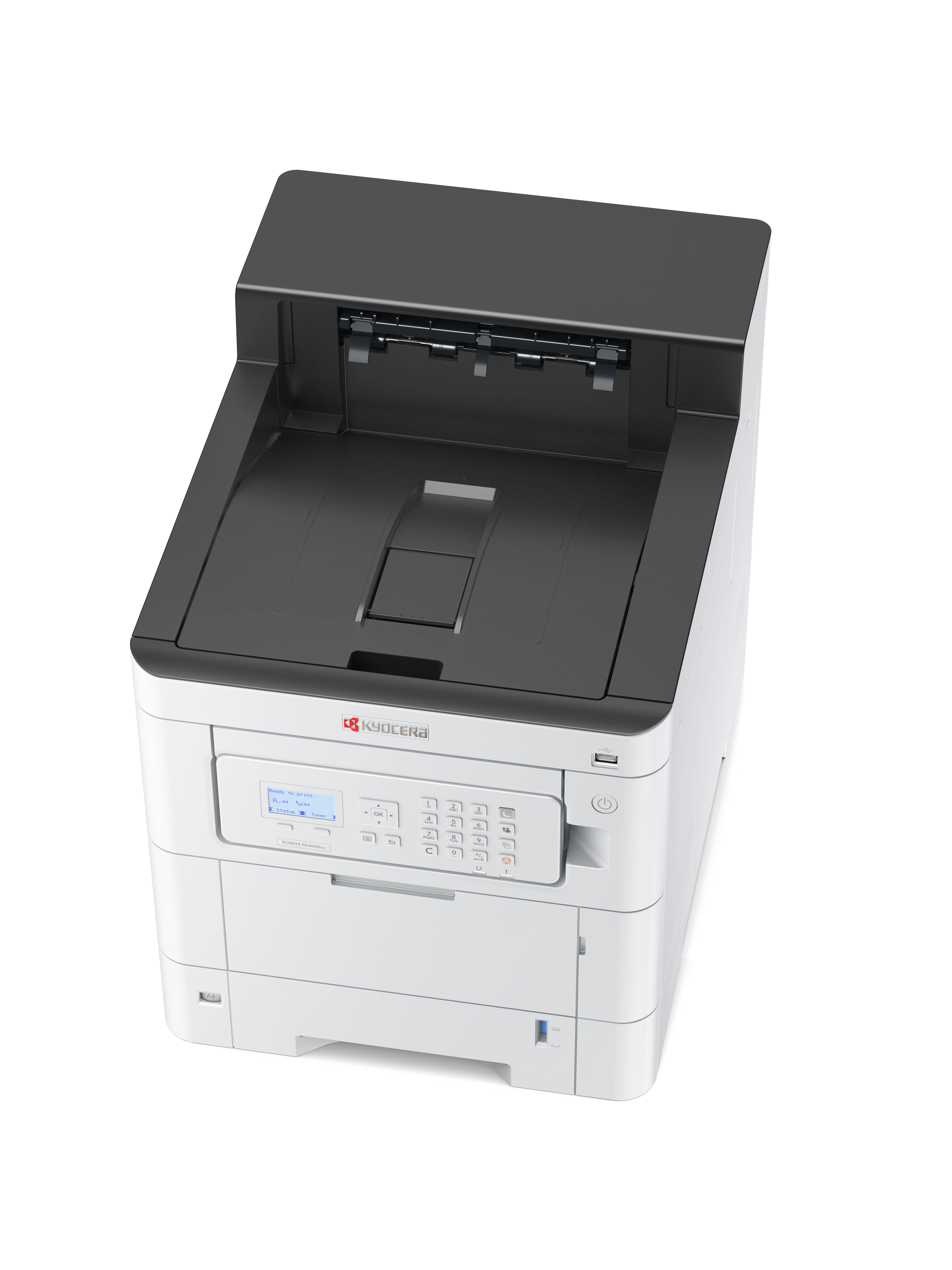 Una stampante Kyocera bianca e grigia con display.