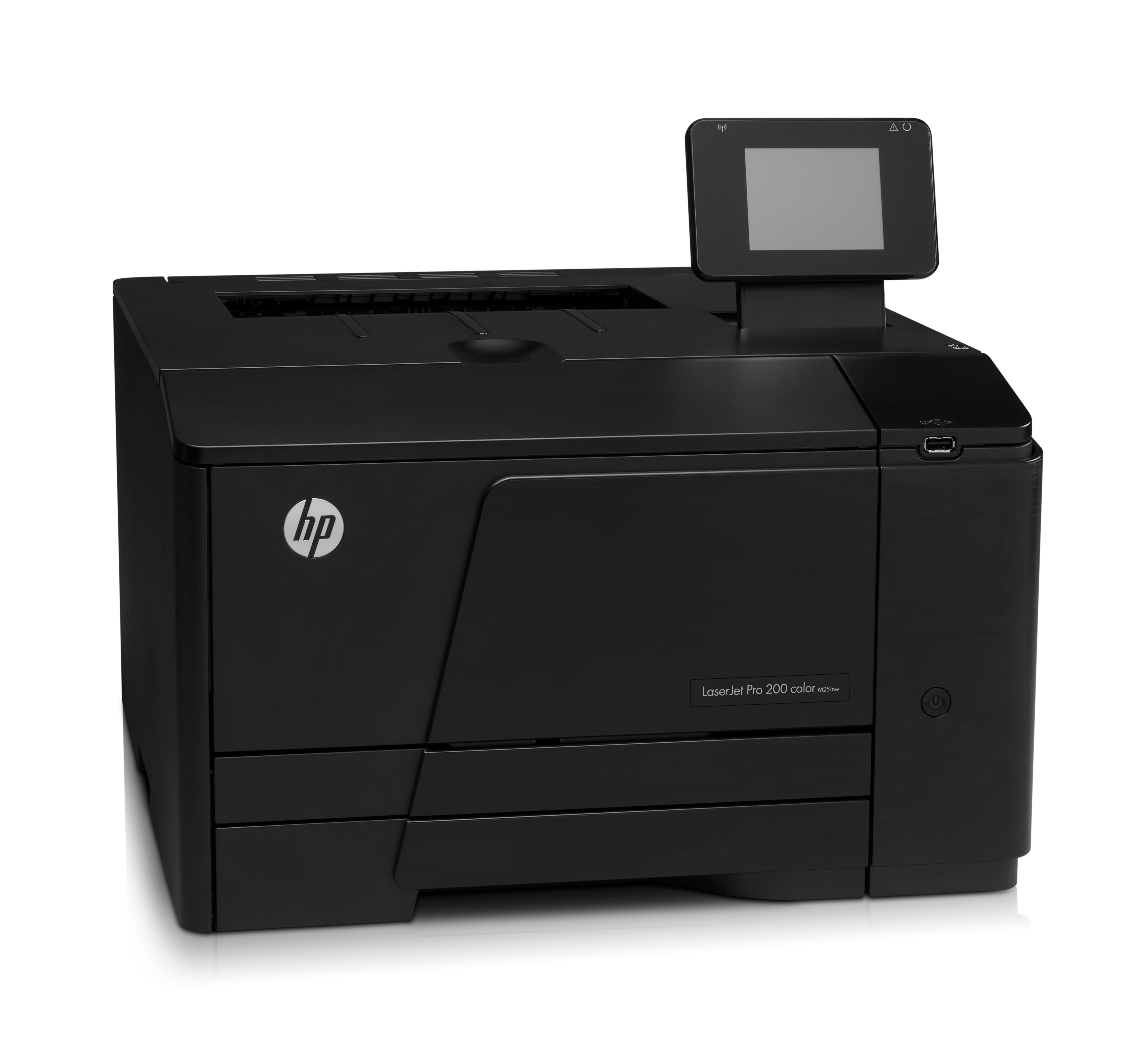 Una stampante a colori HP LaserJet Pro nera. Ha un pannello di controllo e il logo HP.