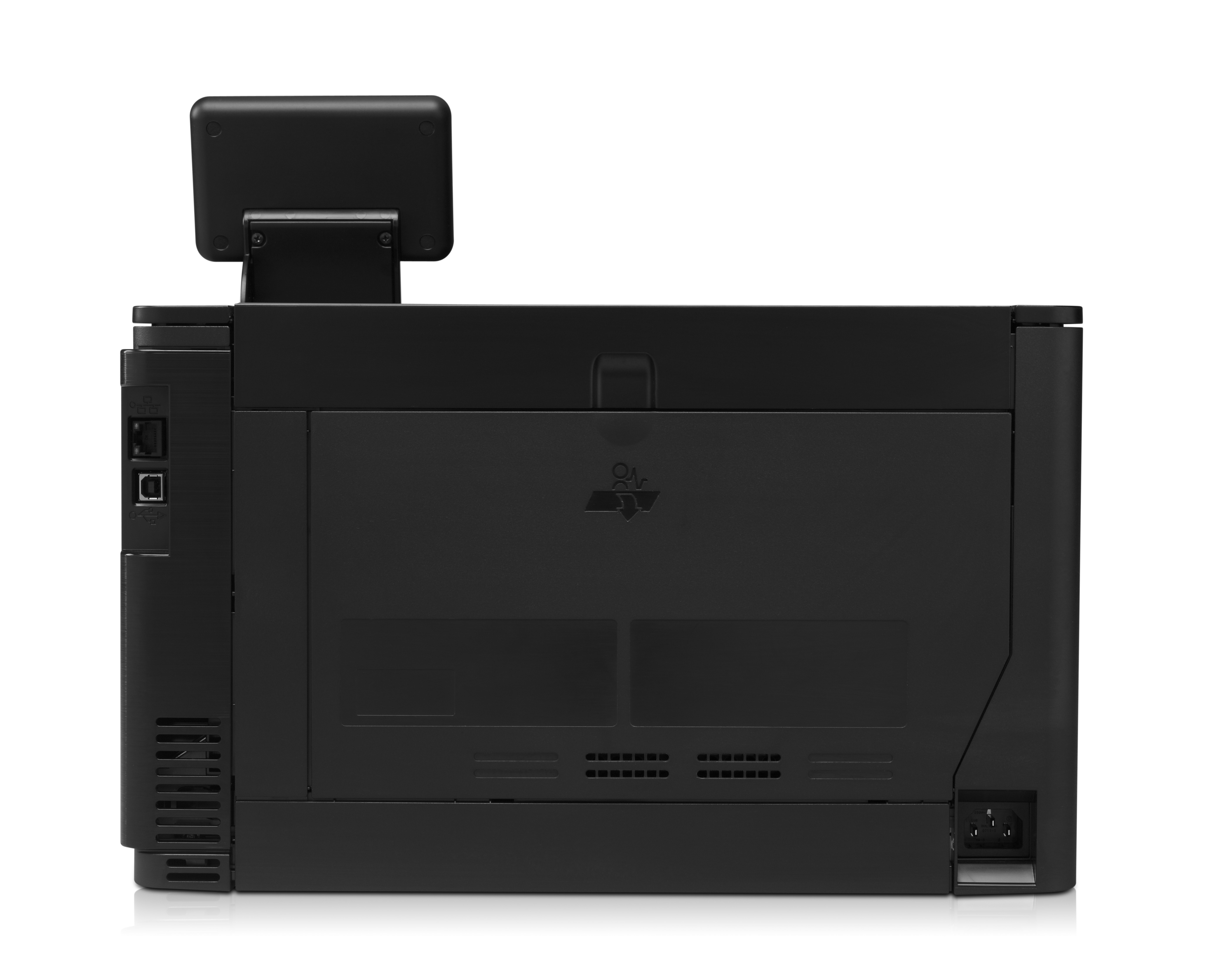 Vista posteriore di stampante nera con schermo, alimentazione e porte USB. Sfondo bianco.