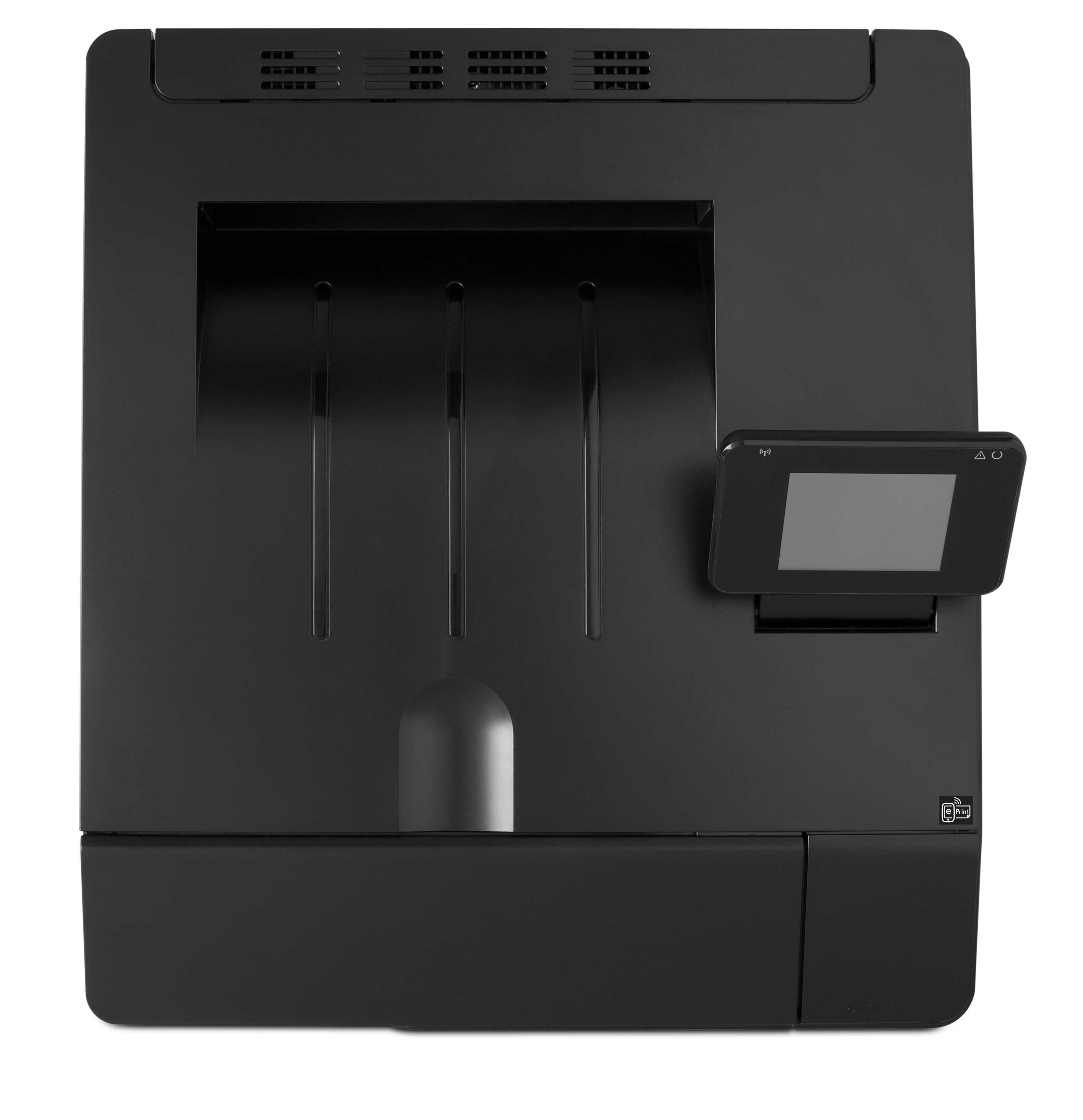 Stampante nera con touchscreen angolato. La stampante è su una superficie bianca.