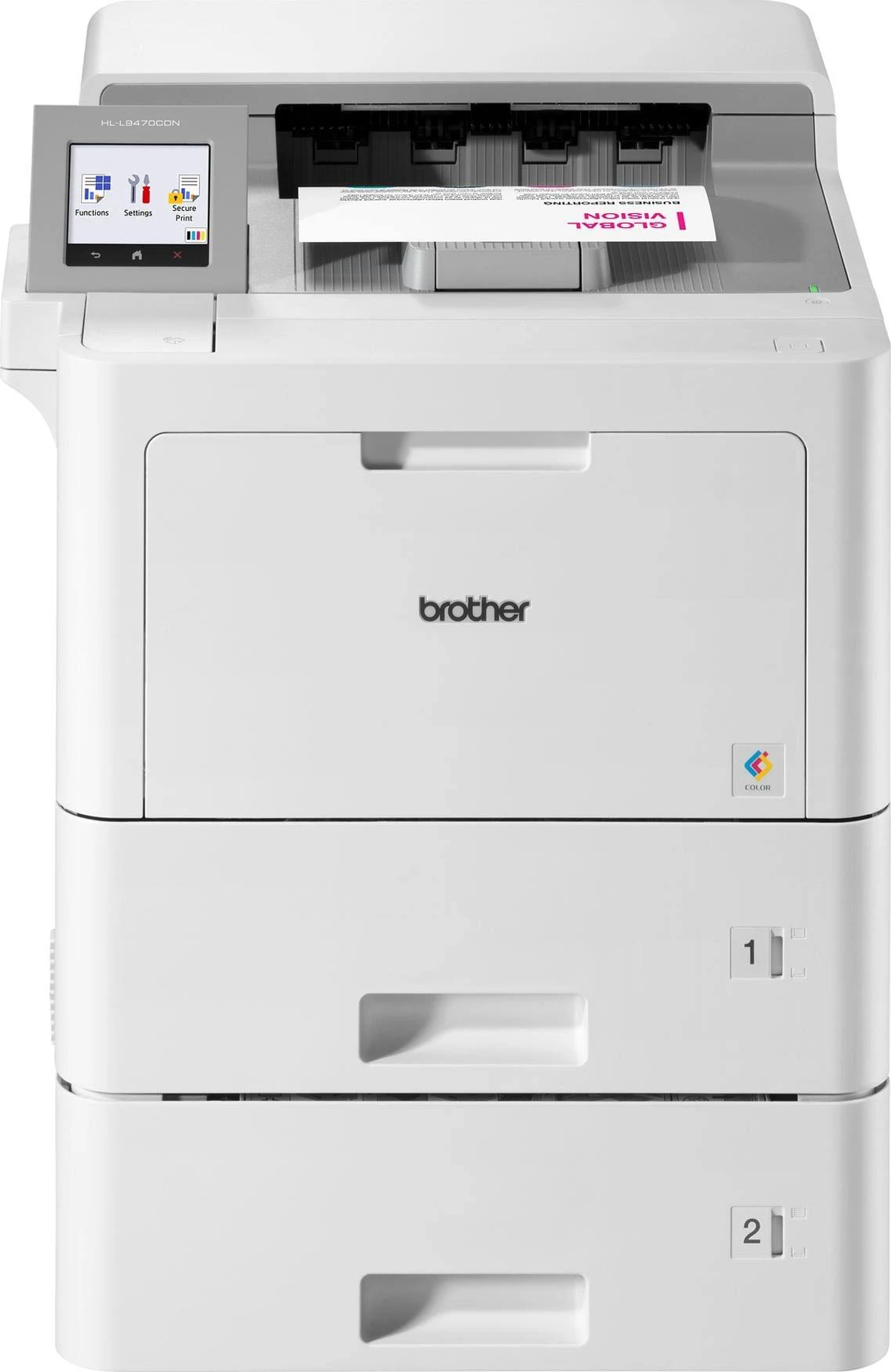 Biała drukarka Brother z podajnikiem papieru na białym tle.