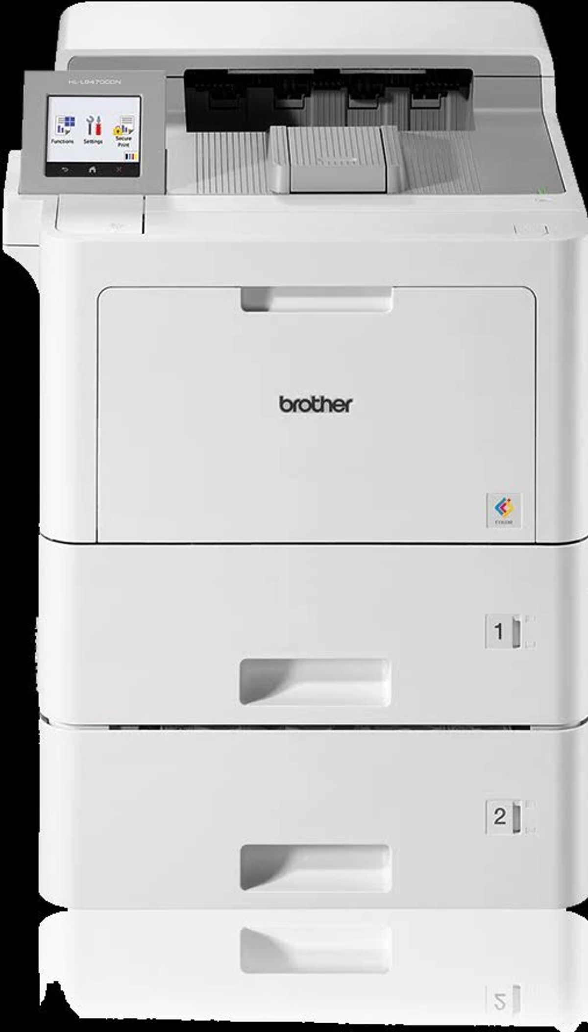 Biała drukarka Brother z ekranem i dwoma podajnikami papieru. Tło białe.
