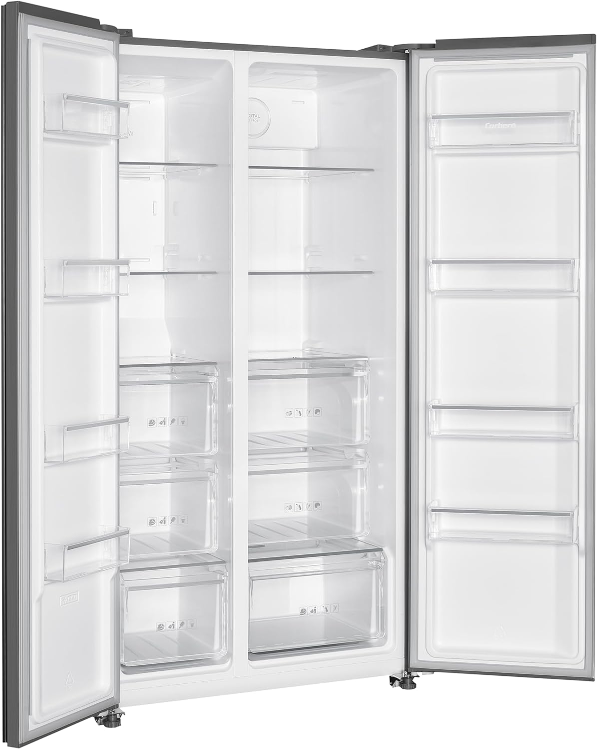 Refrigerador abierto con dos puertas. El interior es visible, con estantes y cajones.