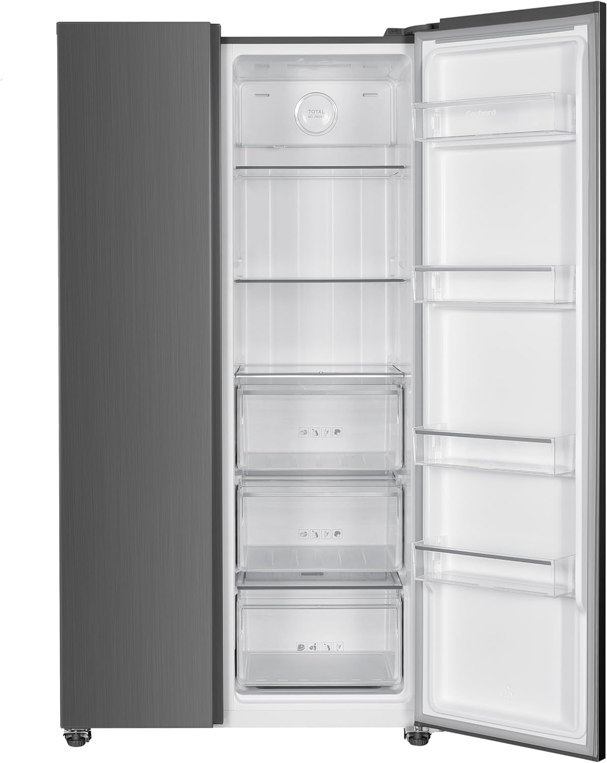 Refrigerador gris abierto con estantes, cajones y puerta abierta.