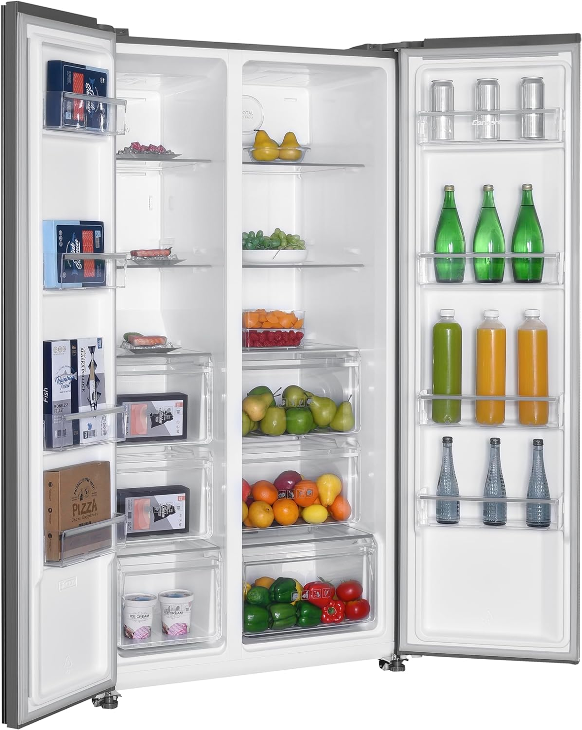 Refrigerador abierto lleno de comida. Contiene frutas, verduras, bebidas y productos envasados.