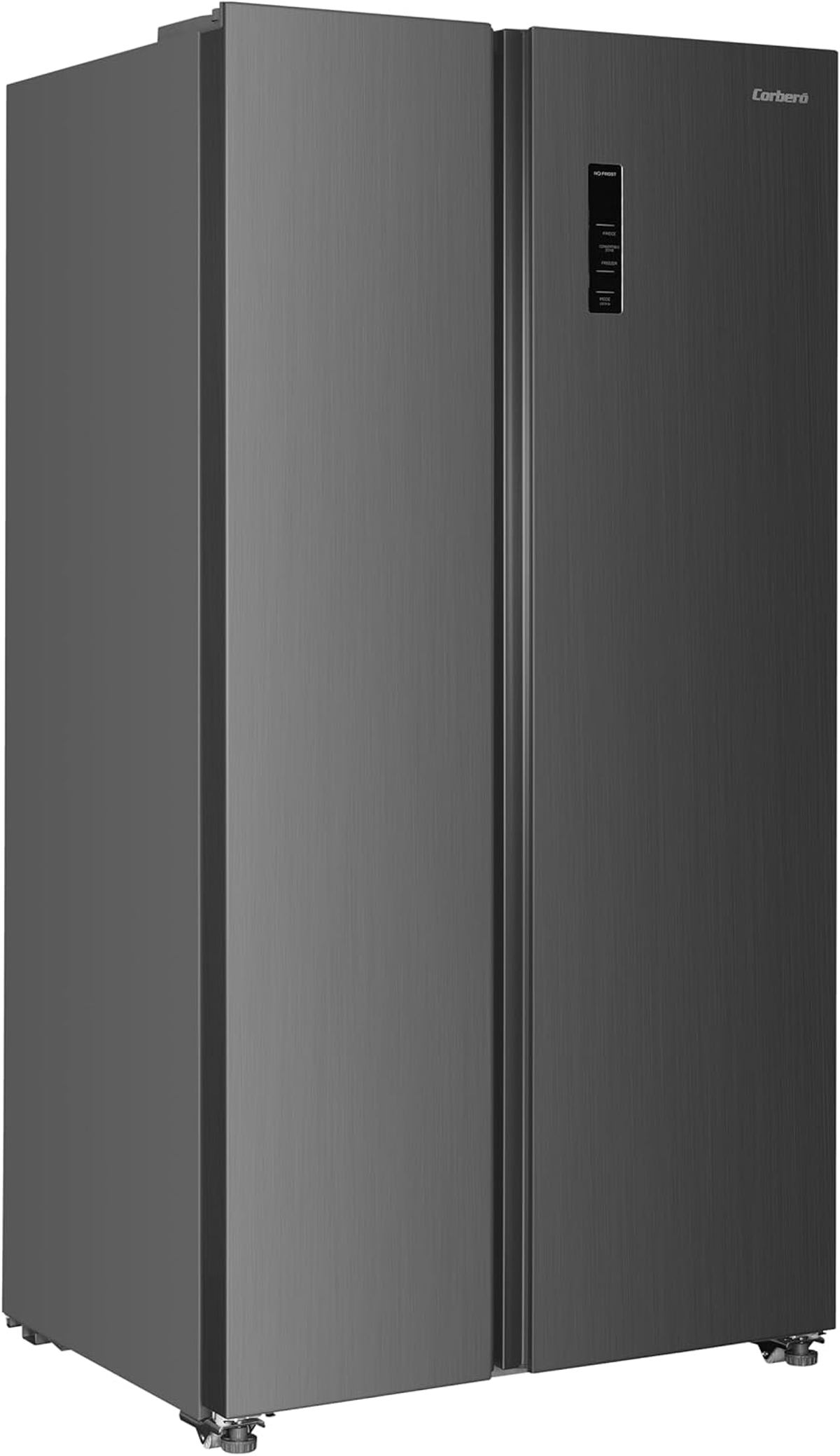 Refrigerador lado a lado gris oscuro. Puertas dobles, manijas plateadas y acabado metálico.