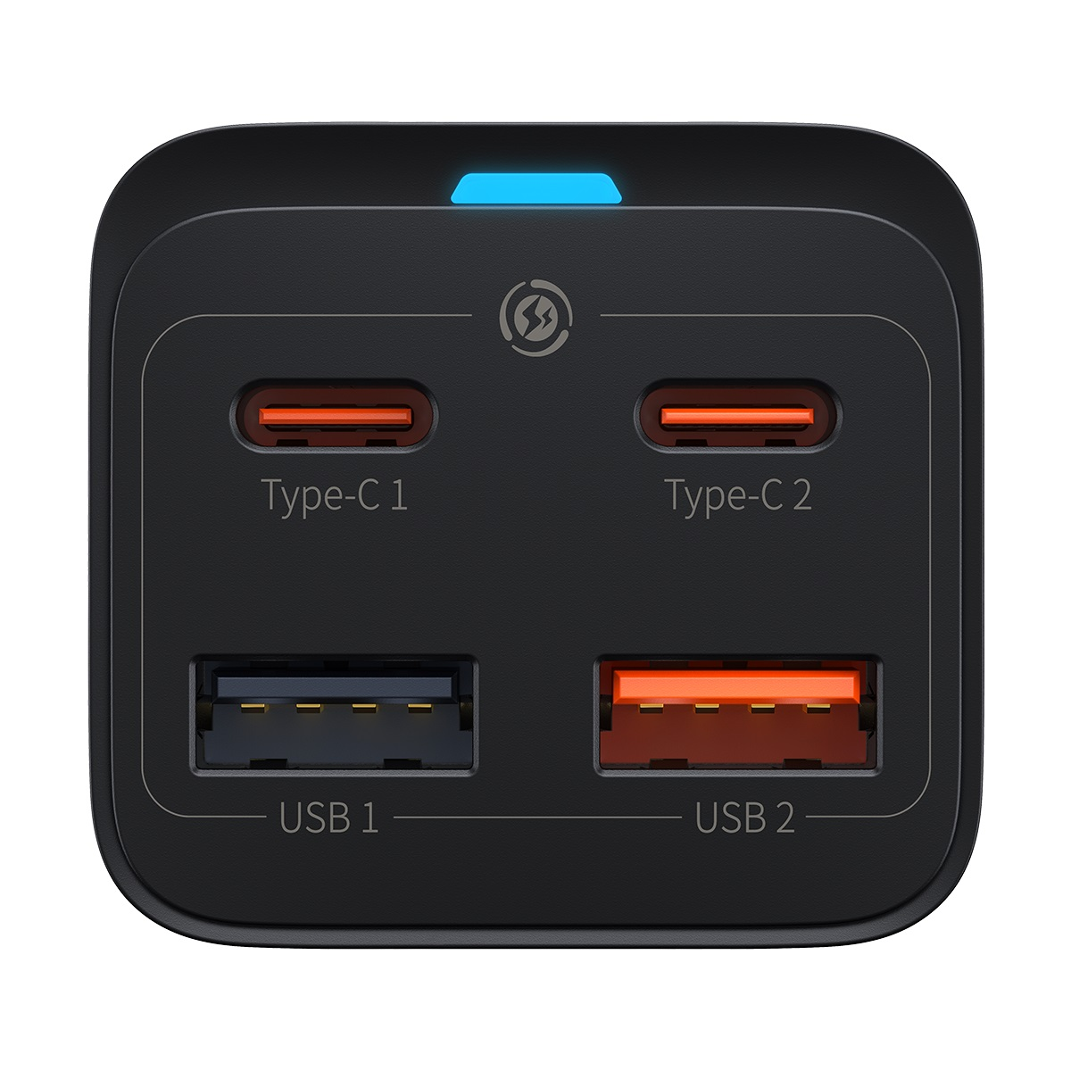 Adaptateur secteur noir avec plusieurs ports USB. Ports Type-C et USB visibles.