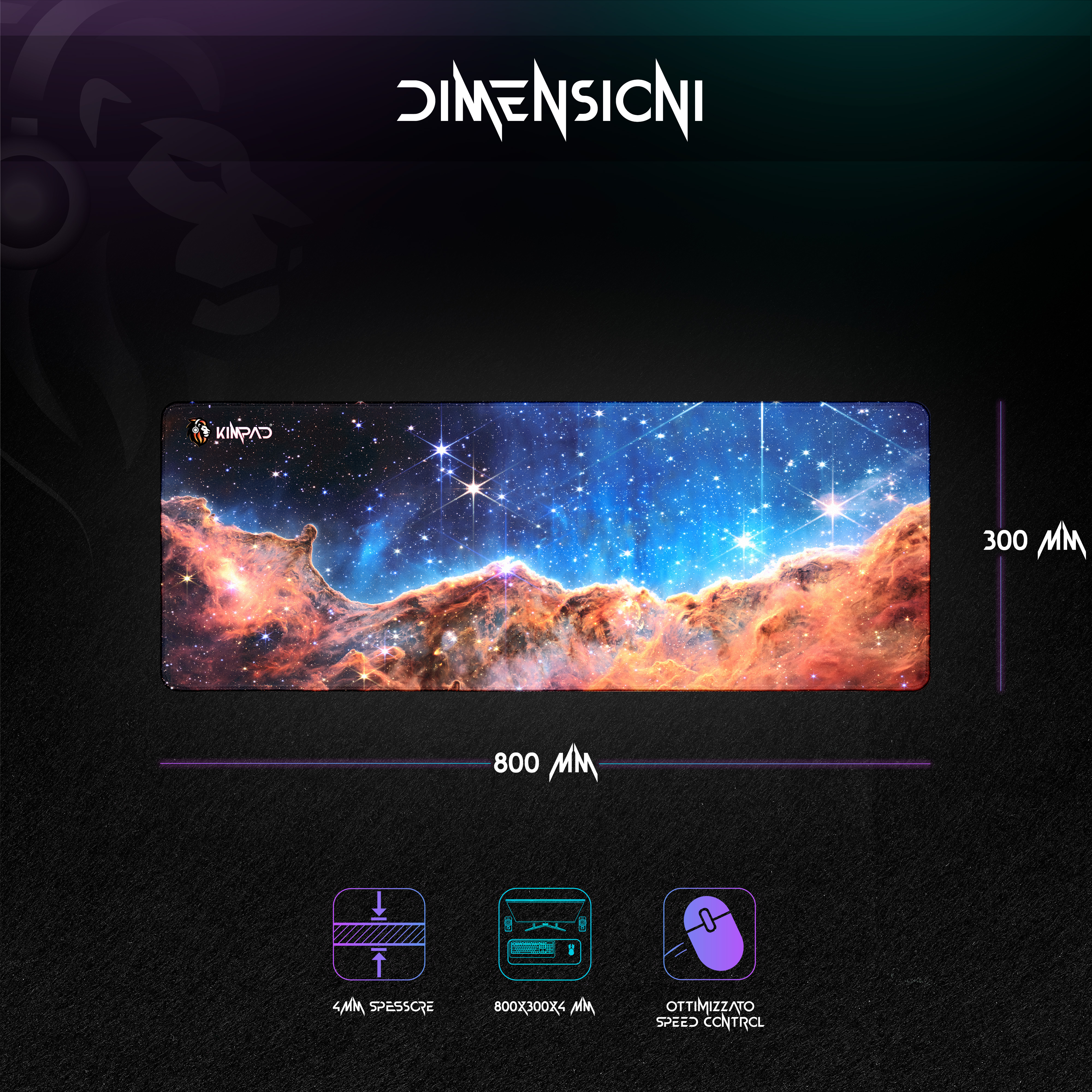 Tappetino per mouse con design a nebulosa. Dimensioni laterali e icone inferiori.