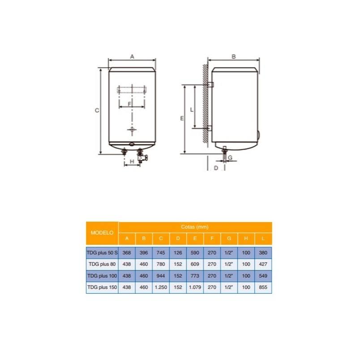 Diagrama de un calentador de agua con dimensiones. El calentador es cilíndrico con entrada, salida y válvulas.