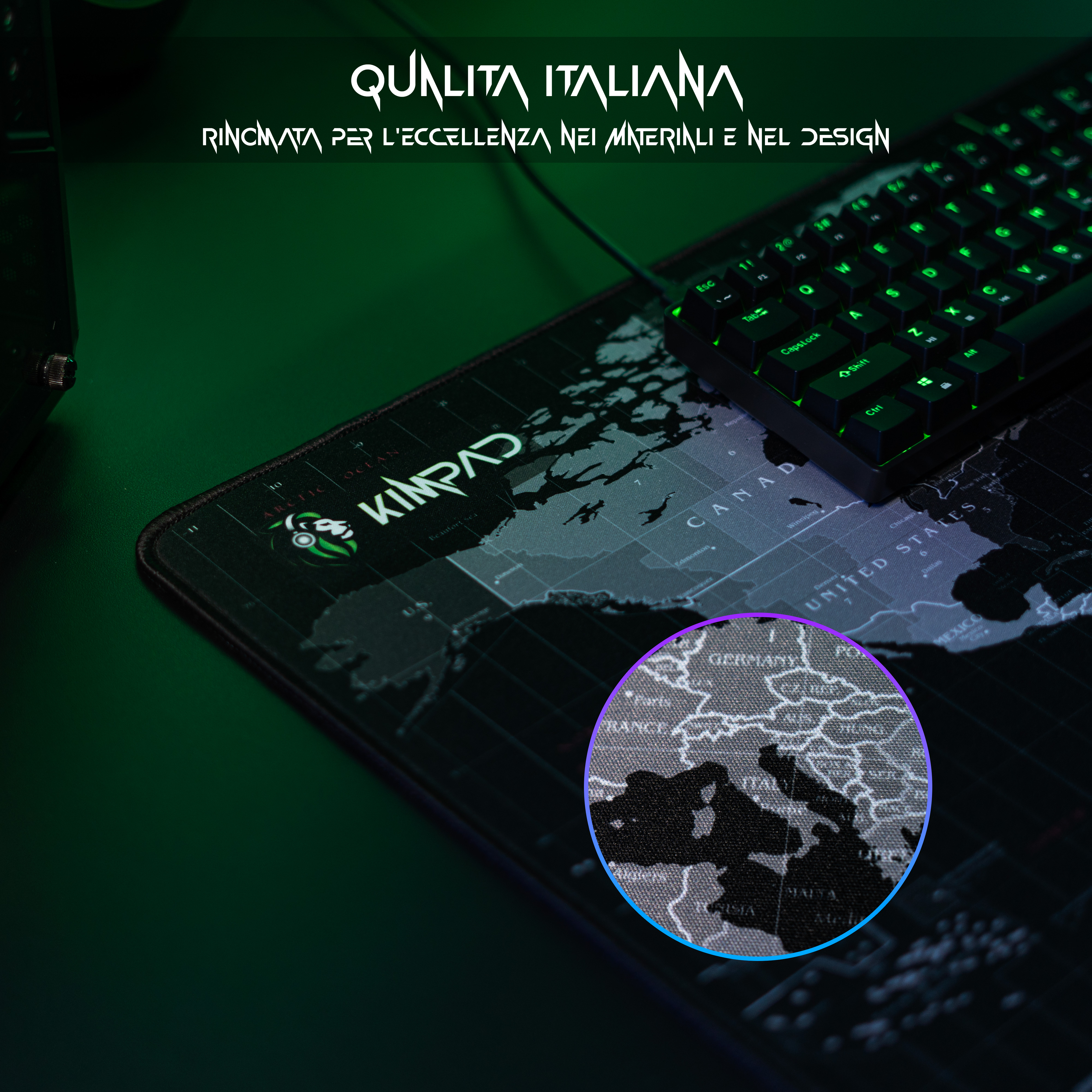 Tappetino per mouse con un design a mappa del mondo e bordo cucito dettagliato.