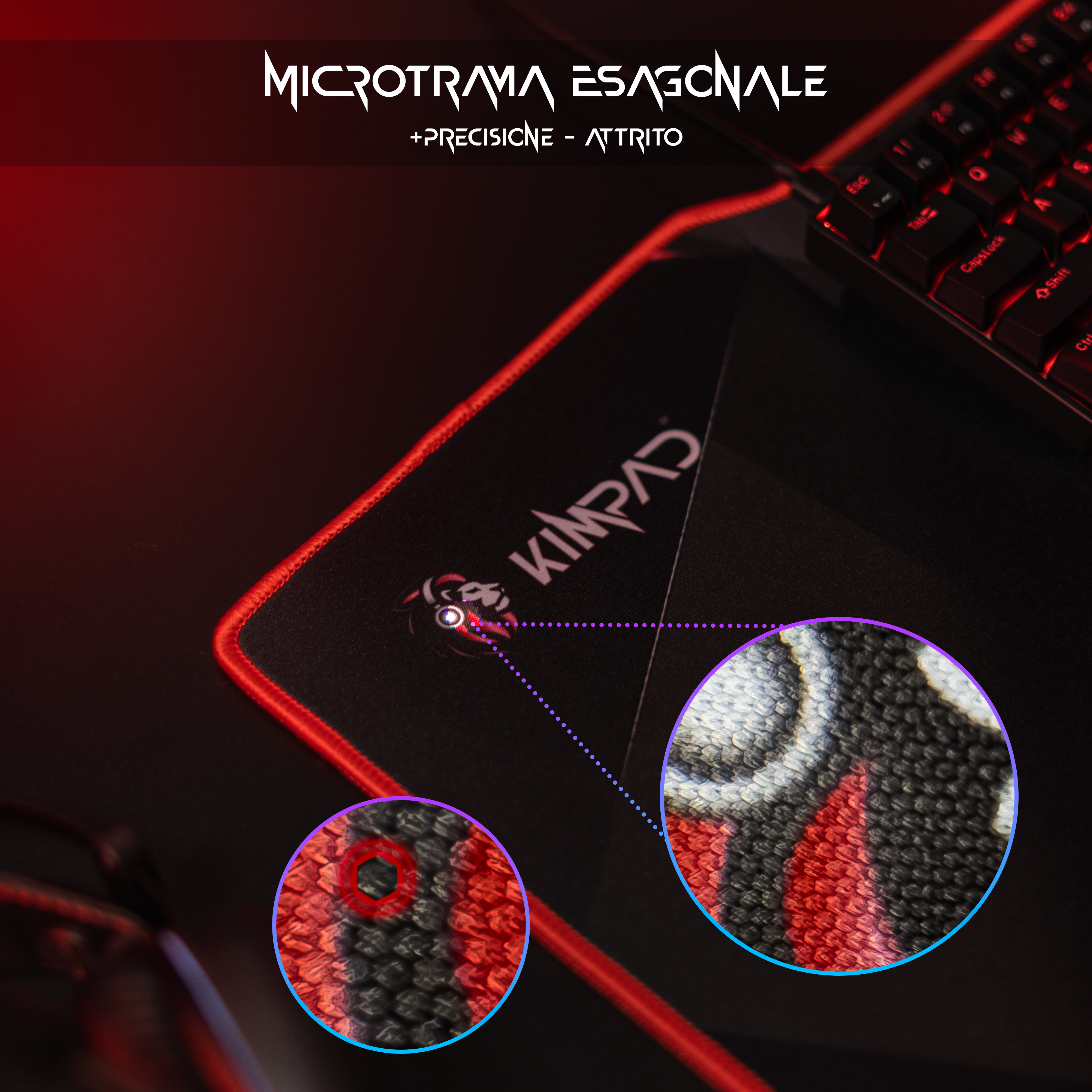 Tappetino per mouse con bordo rosso e tastiera. Primi piani dettagliati del materiale.
