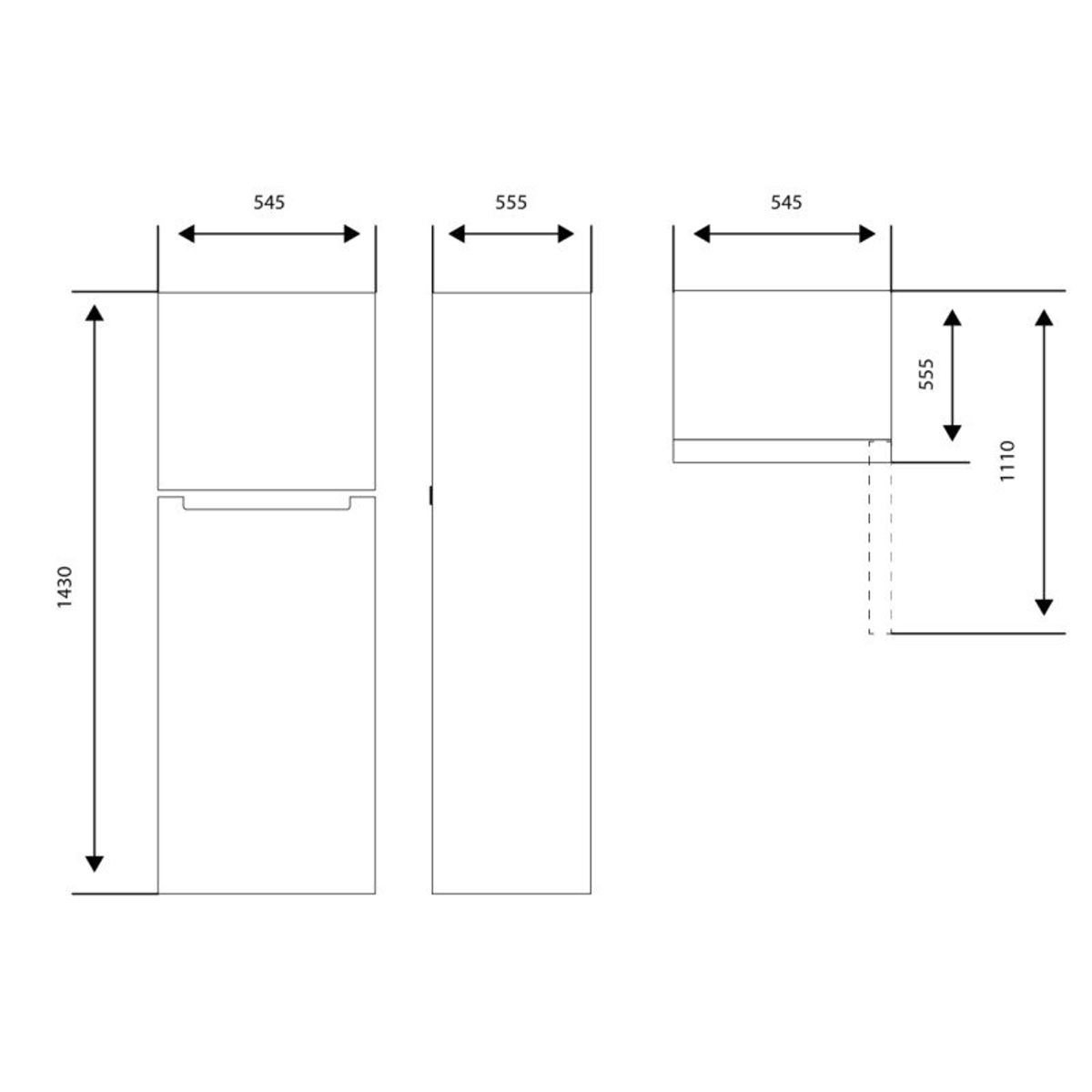 Dibujo lineal de un refrigerador con dimensiones, fondo blanco.