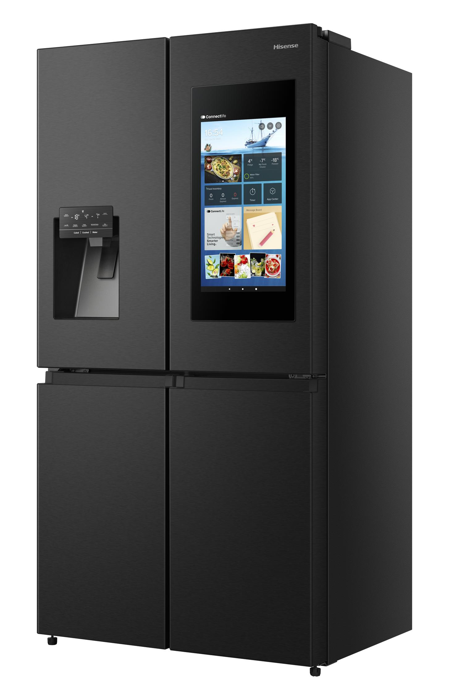 Frigorifero Hisense nero con ampio touchscreen. Erogatore d'acqua sulla porta sinistra.