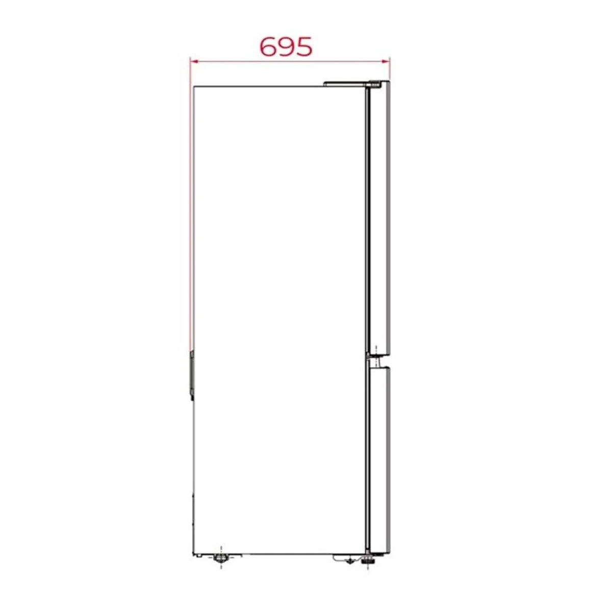 Biała lodówka. Widok z boku z drzwiami i etykietą wysokości 695 mm.