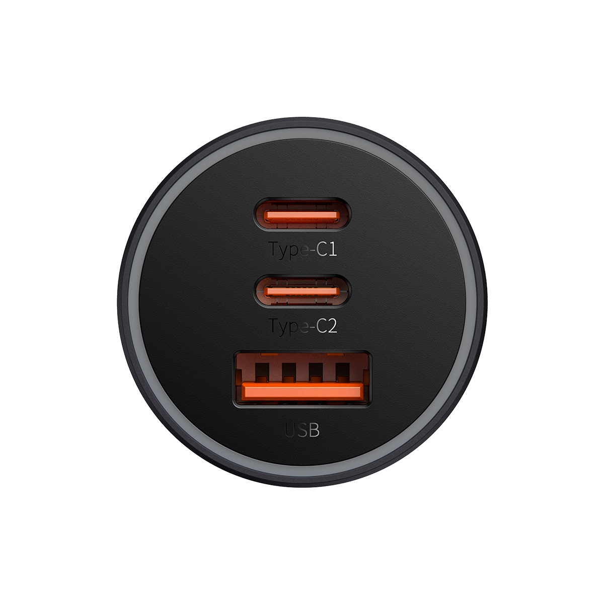 Czarna ładowarka samochodowa z trzema portami: dwa Type-C i jeden USB, wszystkie w kolorze pomarańczowym.