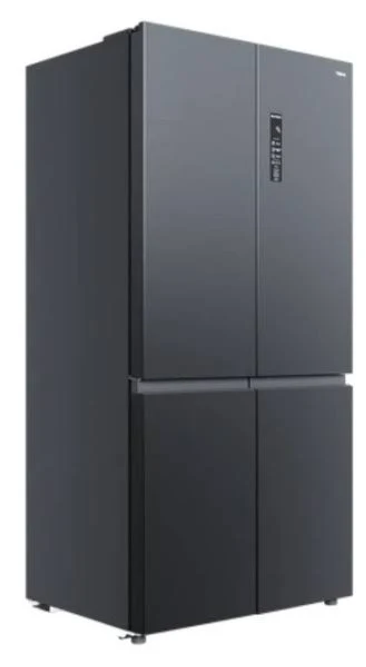 Czarna lodówka z czterema drzwiami. Drzwi mają eleganckie uchwyty i wyświetlacz cyfrowy.