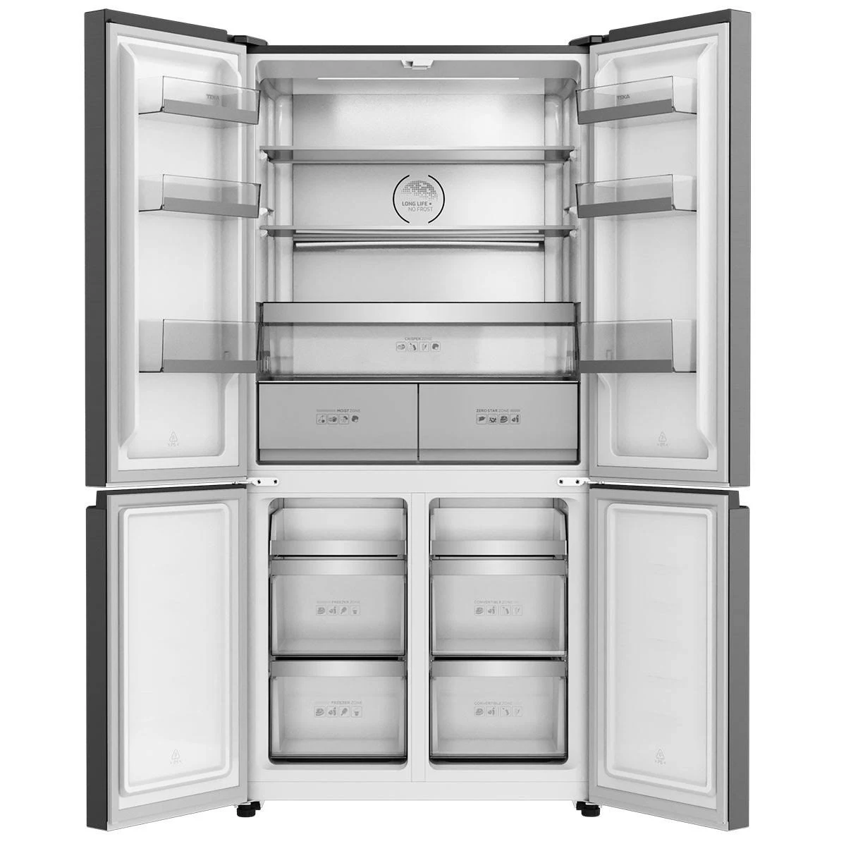 Otwarta lodówka pokazująca wnętrze z półkami, szufladami i produktami spożywczymi.