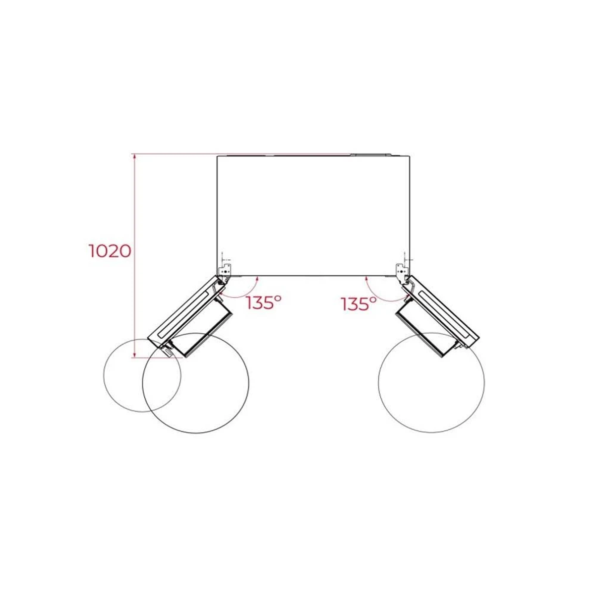 Widok z góry na konstrukcję z dwoma kątowymi ramionami i dwoma okręgami. Kąty wynoszą 135°, wysokość 1020.