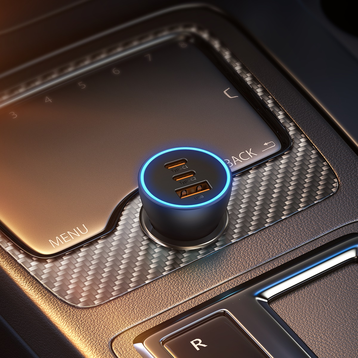 Ładowarka samochodowa z portami USB i USB-C, z niebieskim światłem.