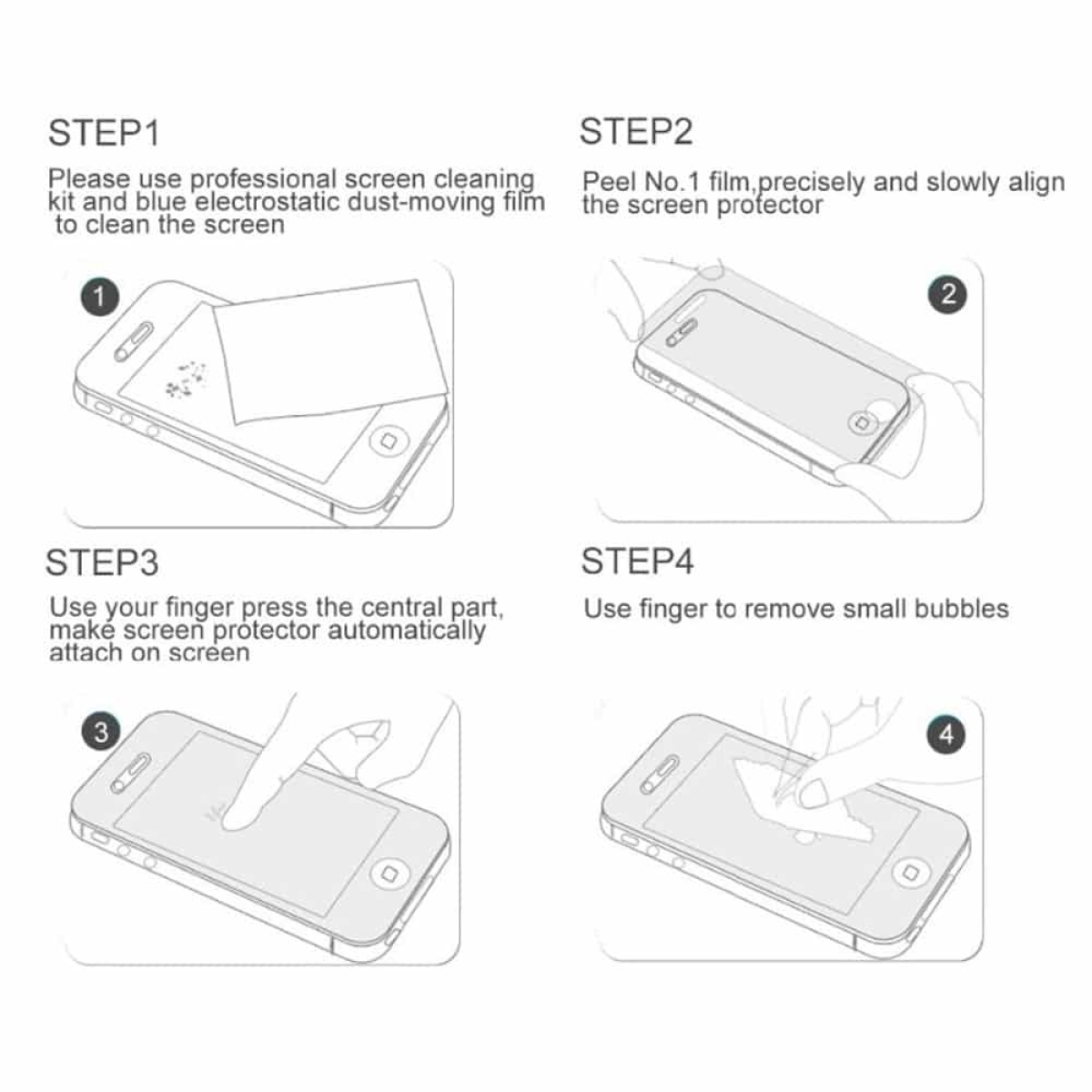 Vier Bilder, die die Schritte zum Anbringen einer Displayschutzfolie auf einem Telefon zeigen.