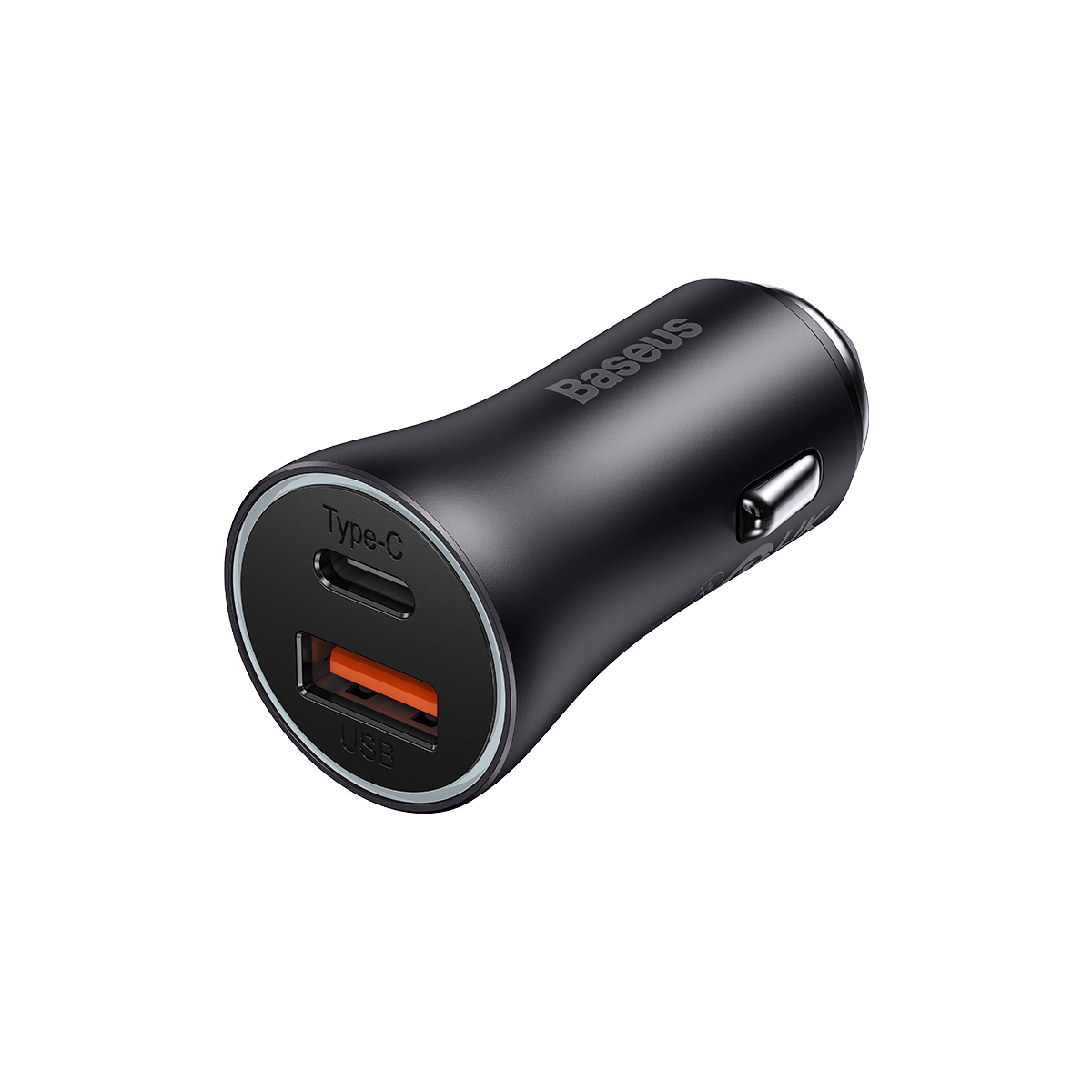Caricabatterie per auto nero con porte Type-C e USB, marchio Baseus.
