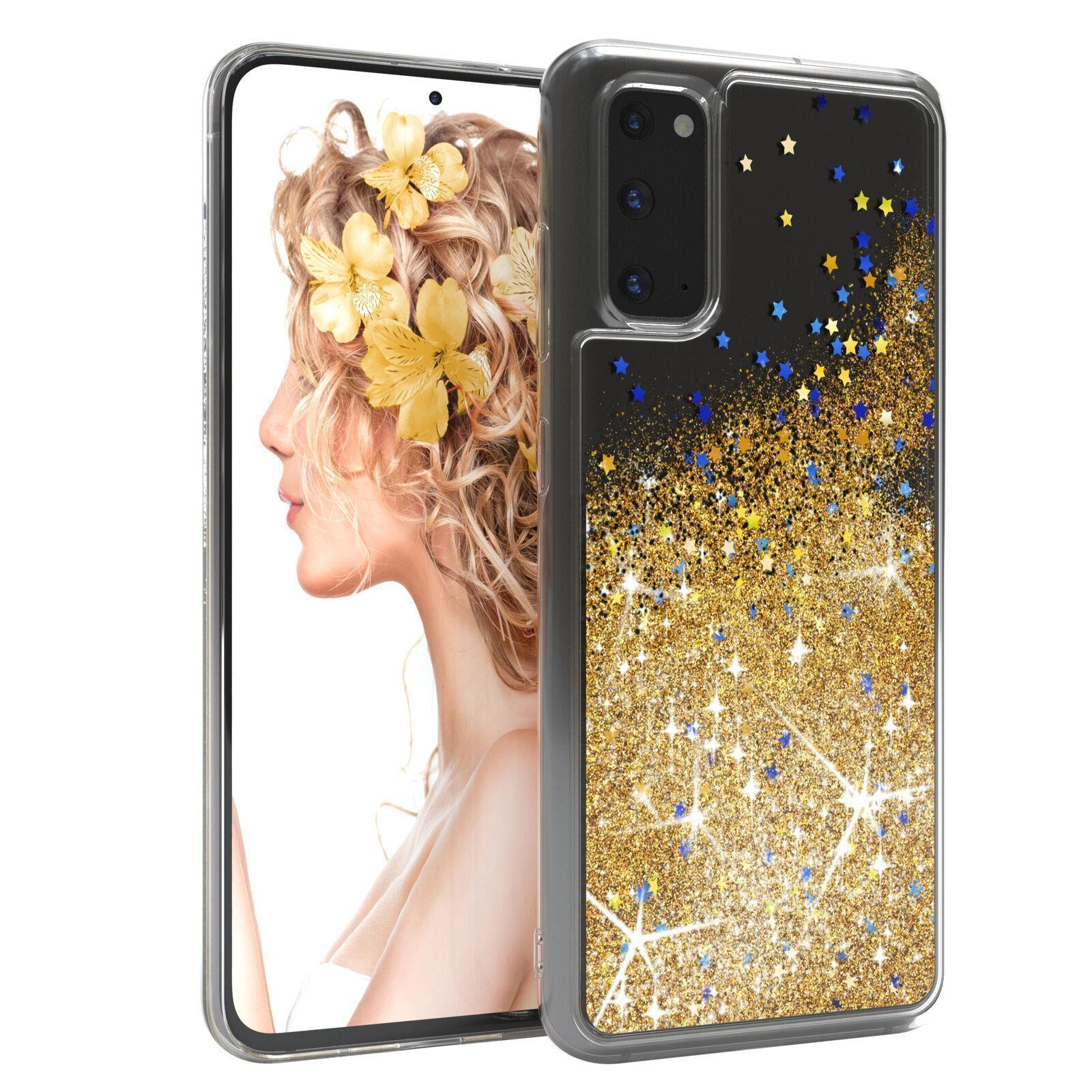 Ein Smartphone in einer Hülle mit Glitzer und Sternen auf der Rückseite. Der Bildschirm zeigt eine Frau mit Blumen.
