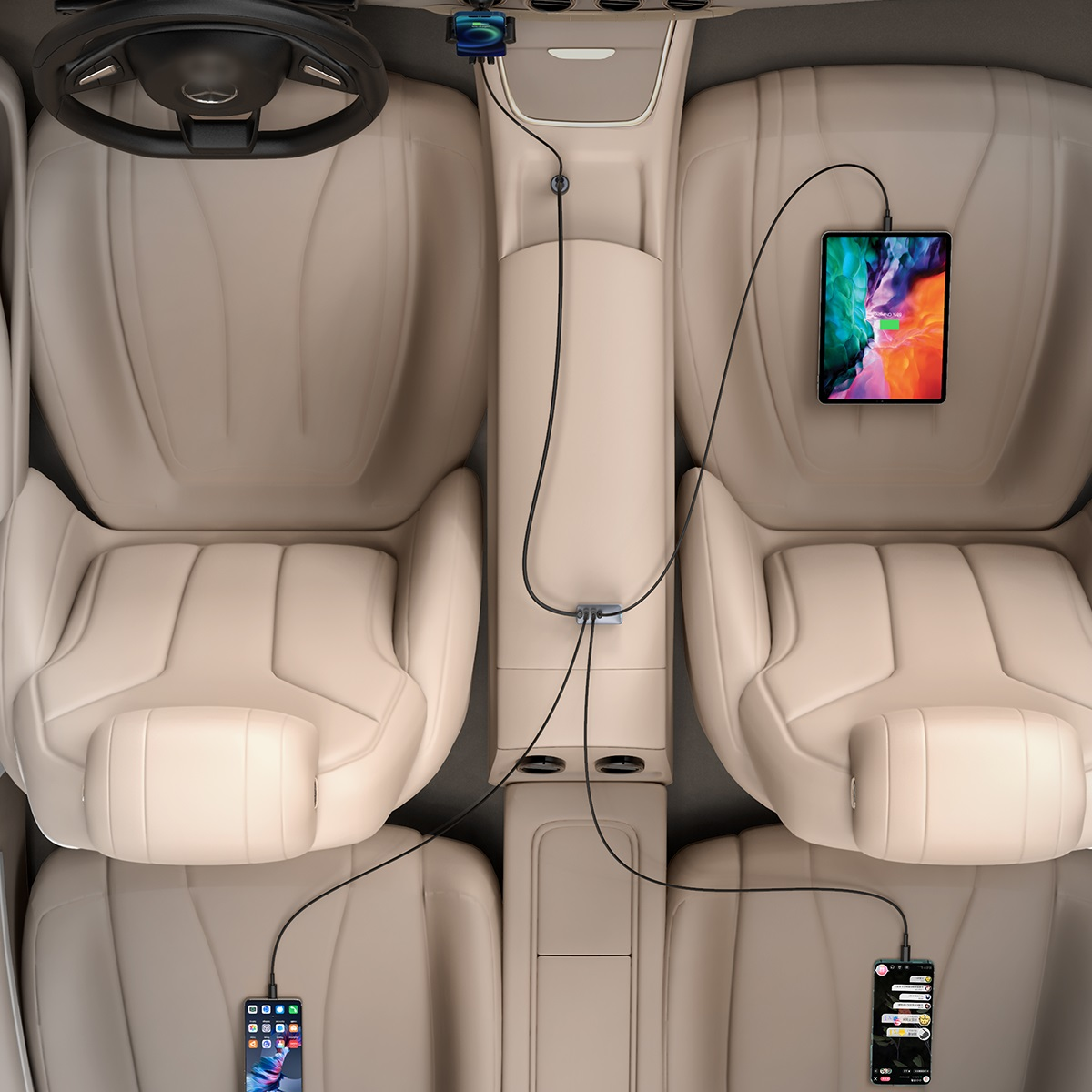 Interno auto con dispositivi in carica: tablet, due telefoni. I cavi li collegano a un hub centrale.