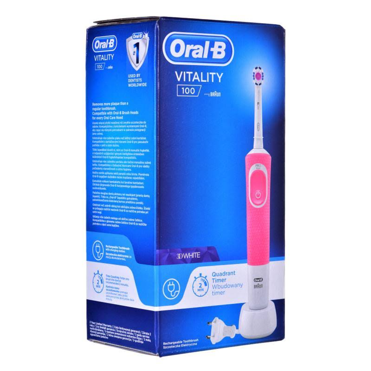 Oral-B elektrikli diş fırçası kutusu, pembe diş fırçası gösteriliyor. Metin ve diyagramlar.