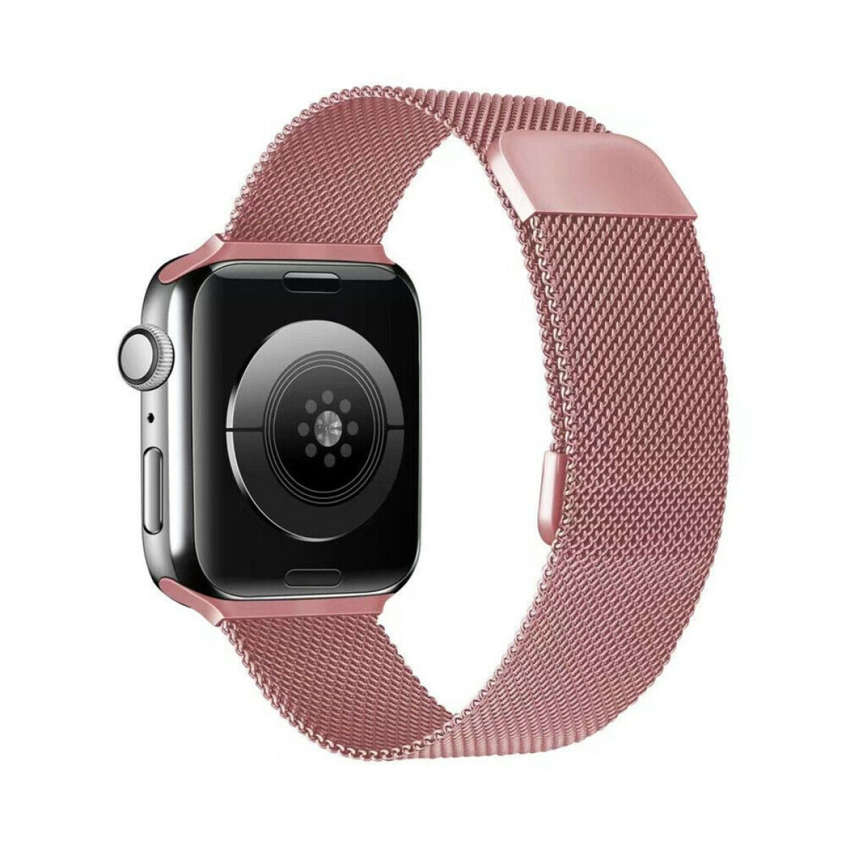Eine roségoldene Apple Watch mit passendem Armband. Das Armband ist aus Metallgeflecht.