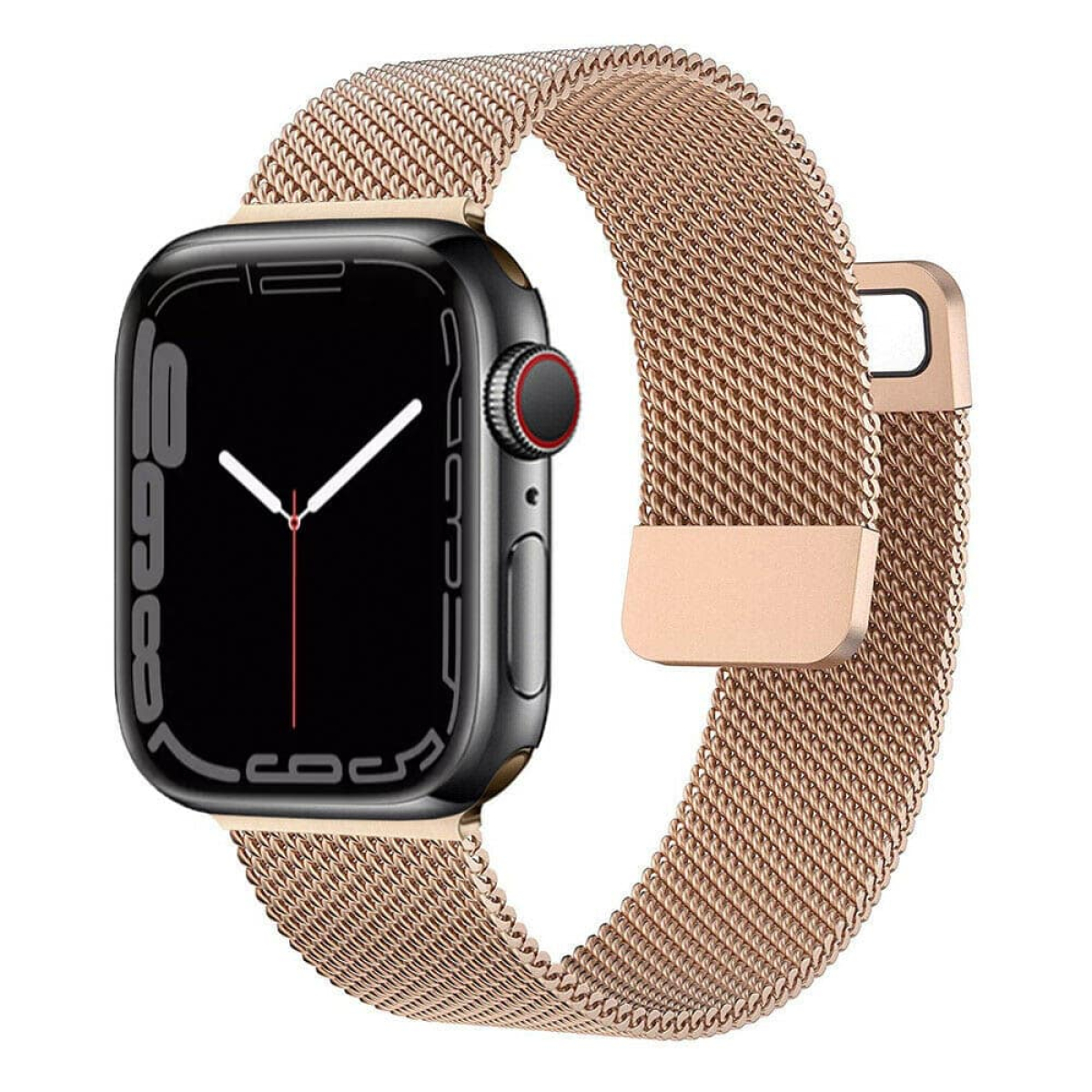 Roségoldene Apple Watch mit passendem Mesh-Armband, schwarzer Bildschirm.