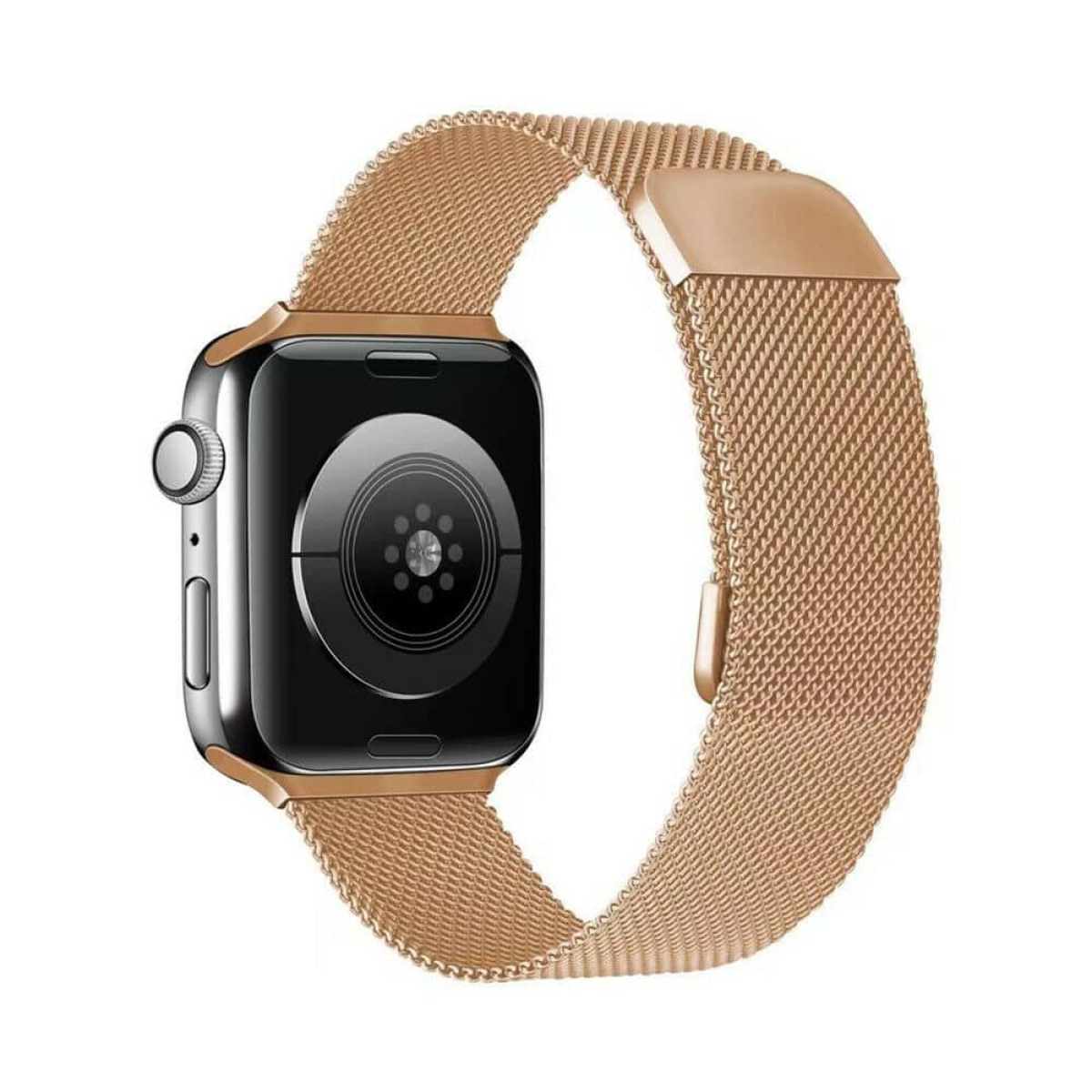 Roségoldene Apple Watch mit roségoldenem Mesh-Armband, auf weißem Grund.