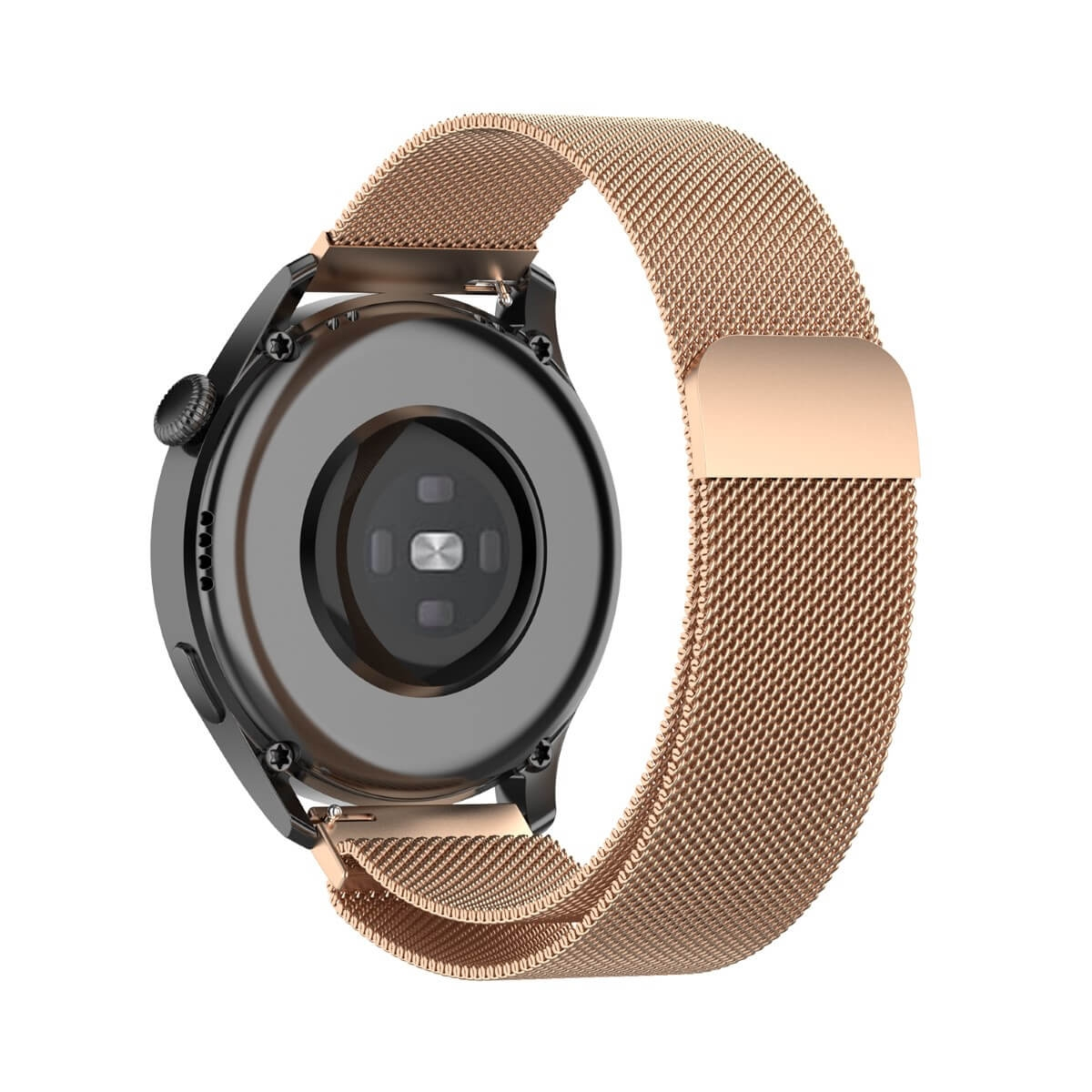 Die Rückseite einer roségoldenen Smartwatch. Es hat ein schwarzes Zifferblatt und ein goldenes Mesh-Armband.