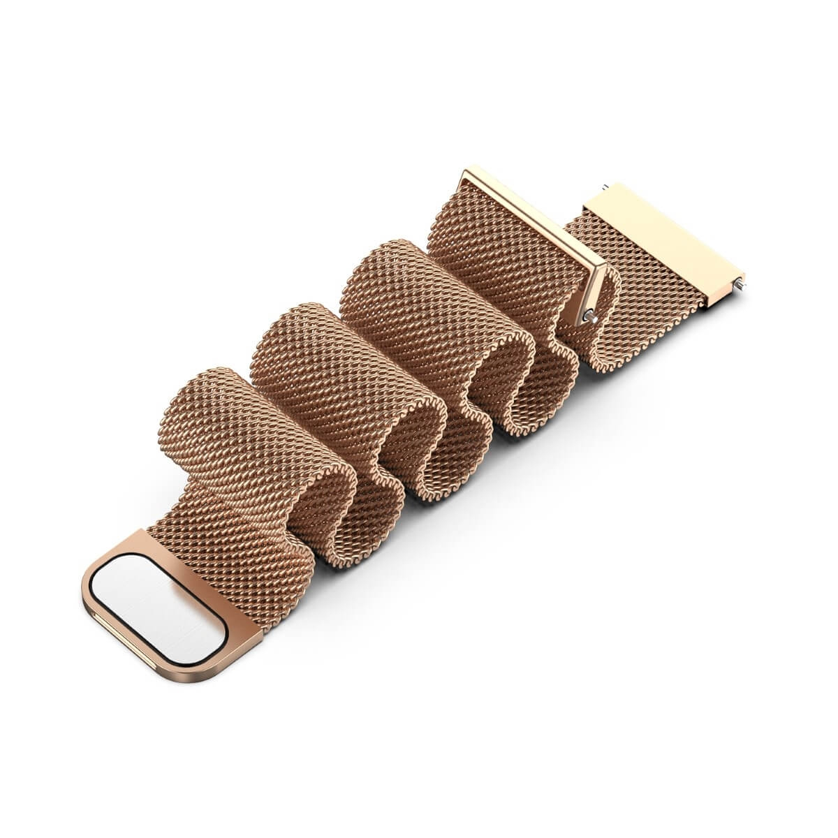 Ein goldfarbenes Mesh-Uhrenarmband, gefaltet und mit einem Verschluss. Es befindet sich auf weißem Hintergrund.