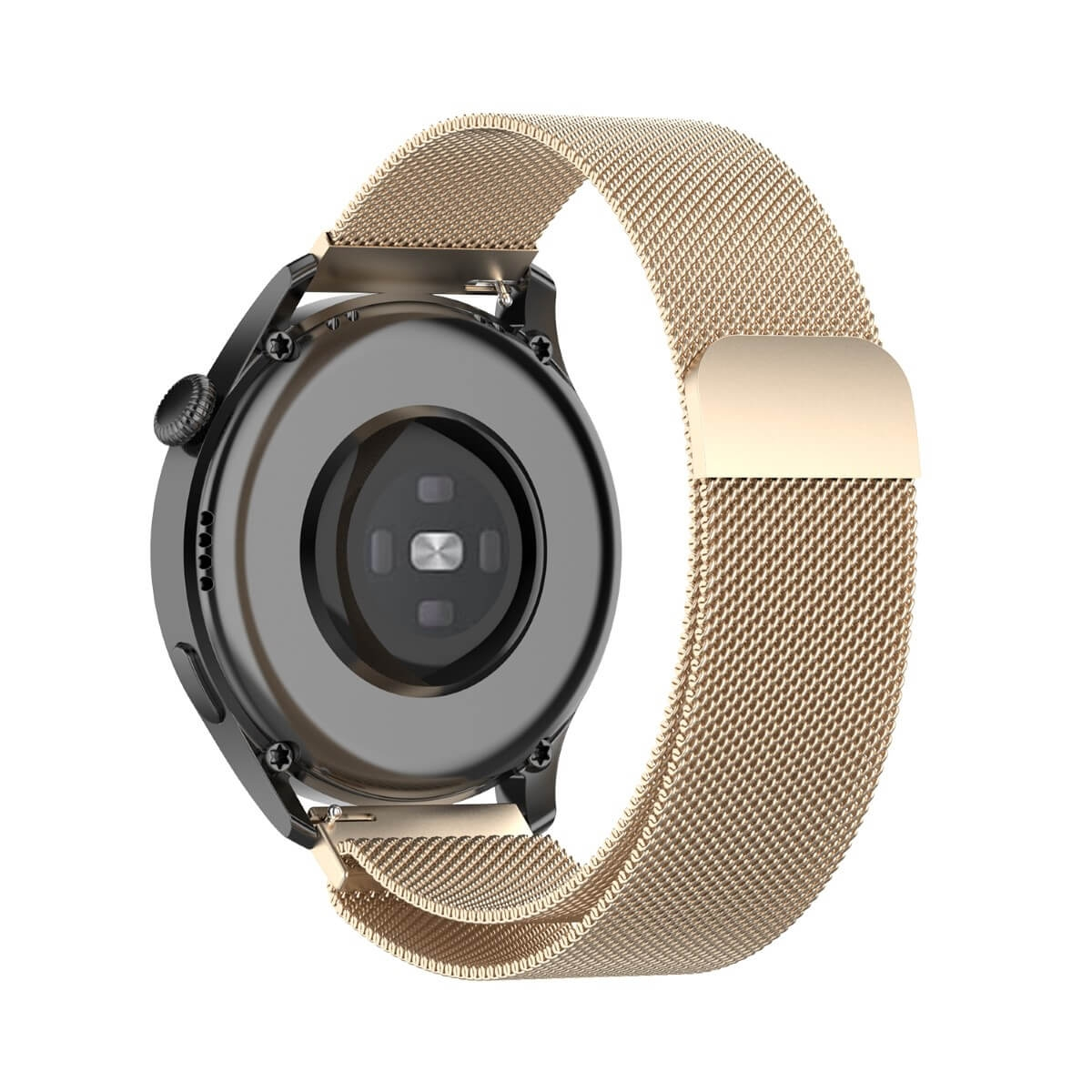 Eine goldene Uhr mit schwarzem Zifferblatt und goldenem Mesh-Armband wird gezeigt.