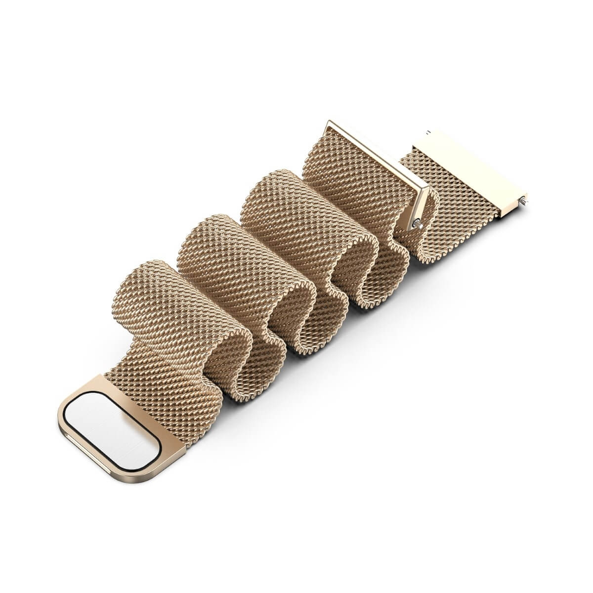 Ein goldfarbenes Mesh-Uhrenarmband mit Magnetverschluss. Es liegt auf einer weißen Oberfläche und ist zum Betrachter hin abgewinkelt.