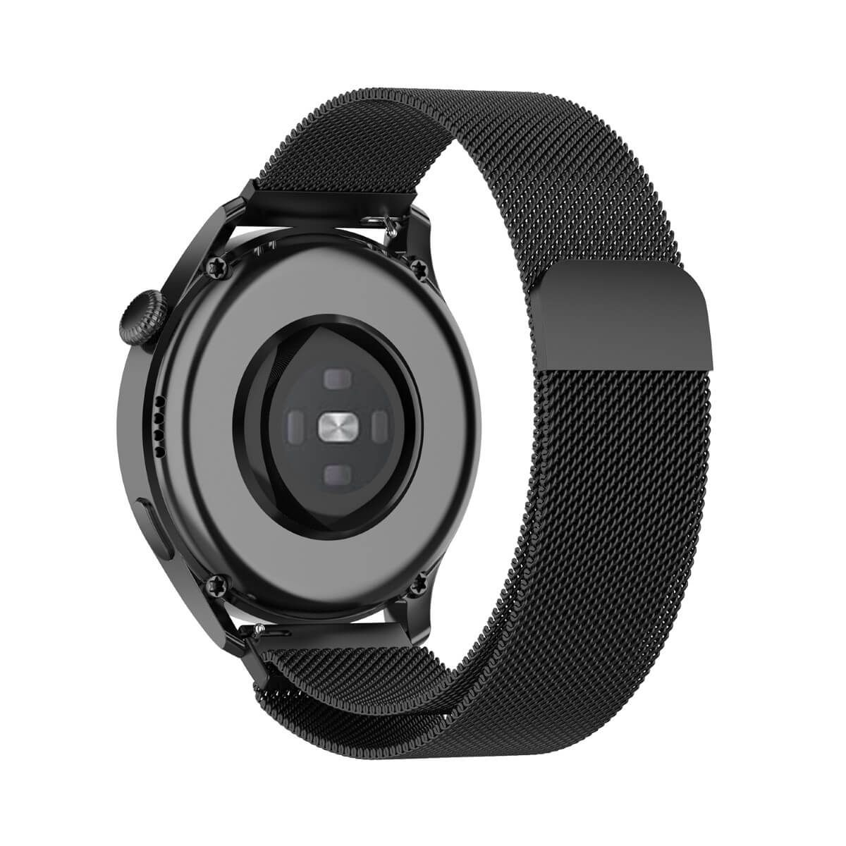 Schwarze Smartwatch-Rückseite mit Mesh-Band. Zeigt die Sensoren.